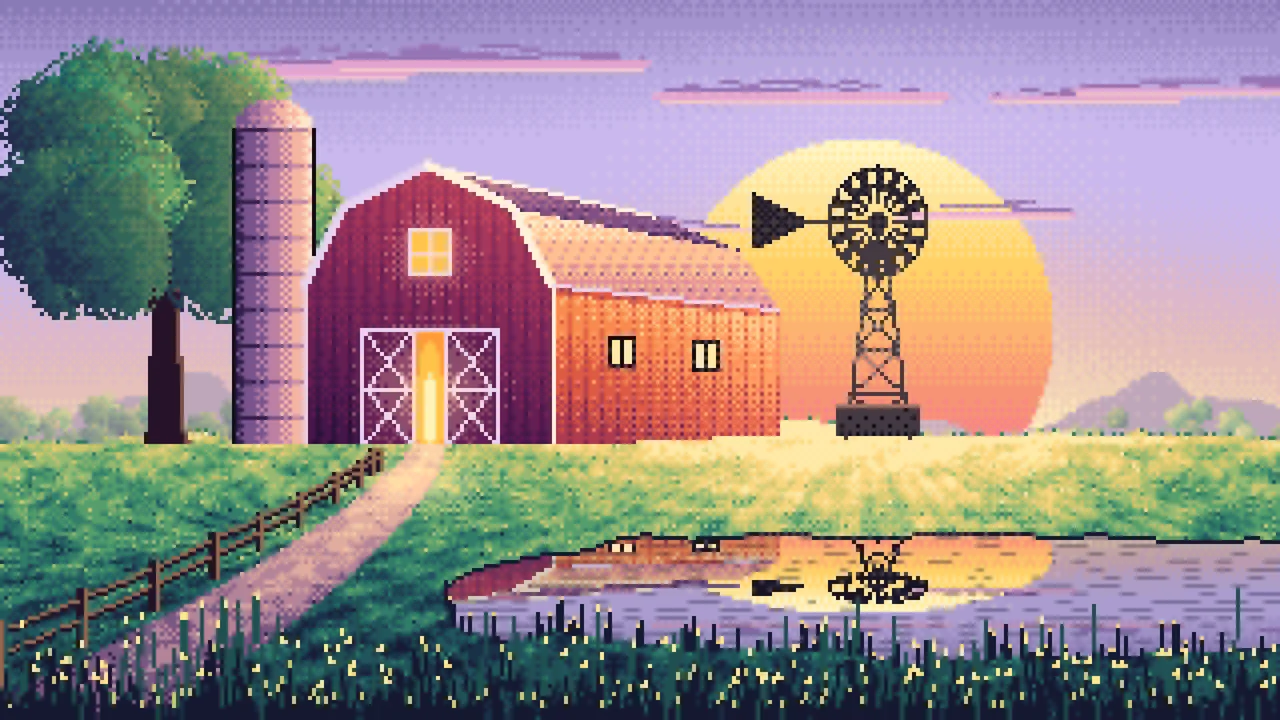 Lavender Pixel Art Farm and Windmill at Sunset desktop wallpaper in 4K