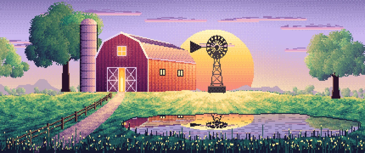 Lavender Pixel Art Farm and Windmill at Sunset ultrawide wallpaper, 3440 × 1440