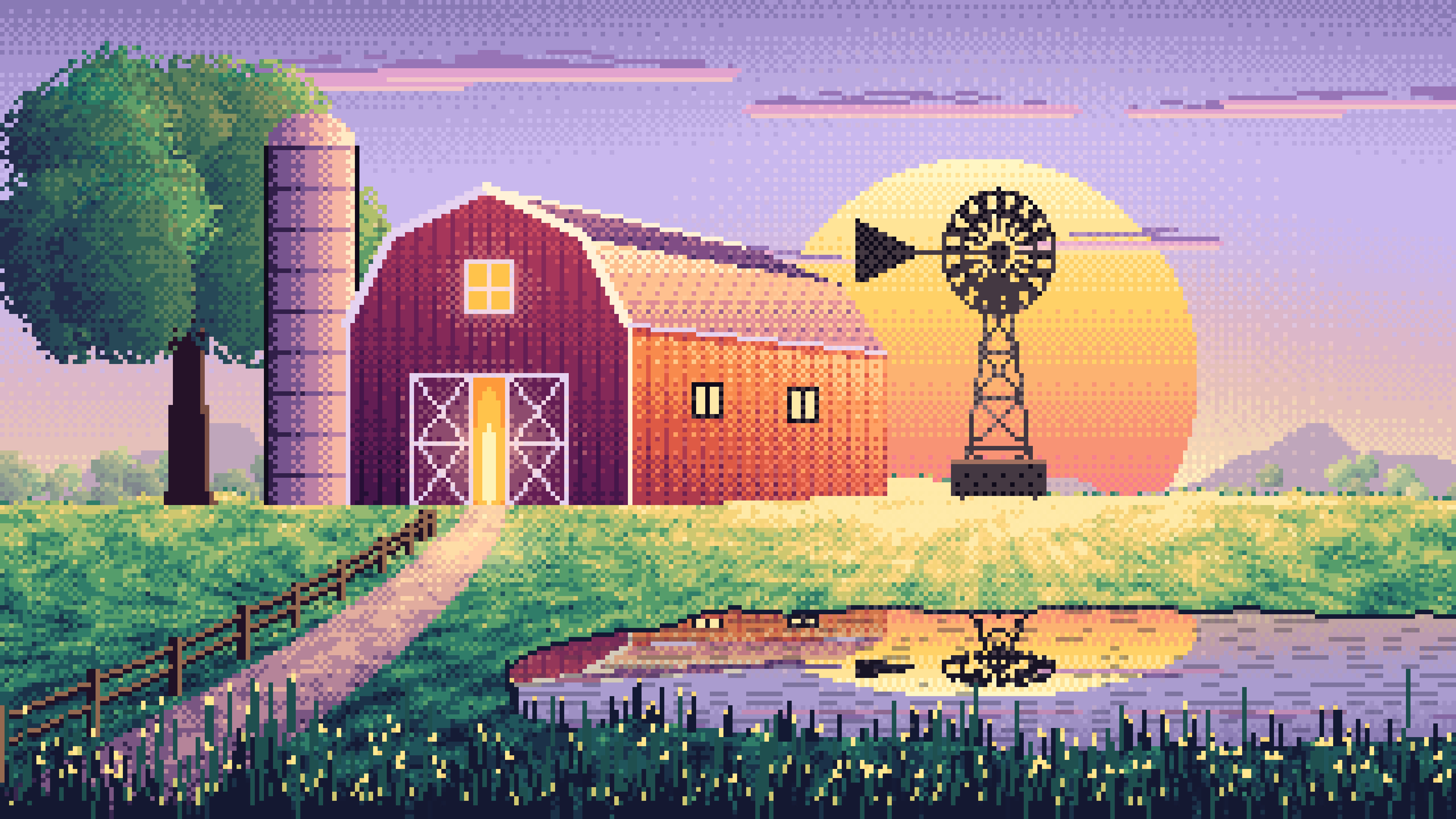 Lavender Pixel Art Farm and Windmill at Sunset desktop wallpaper in 4K