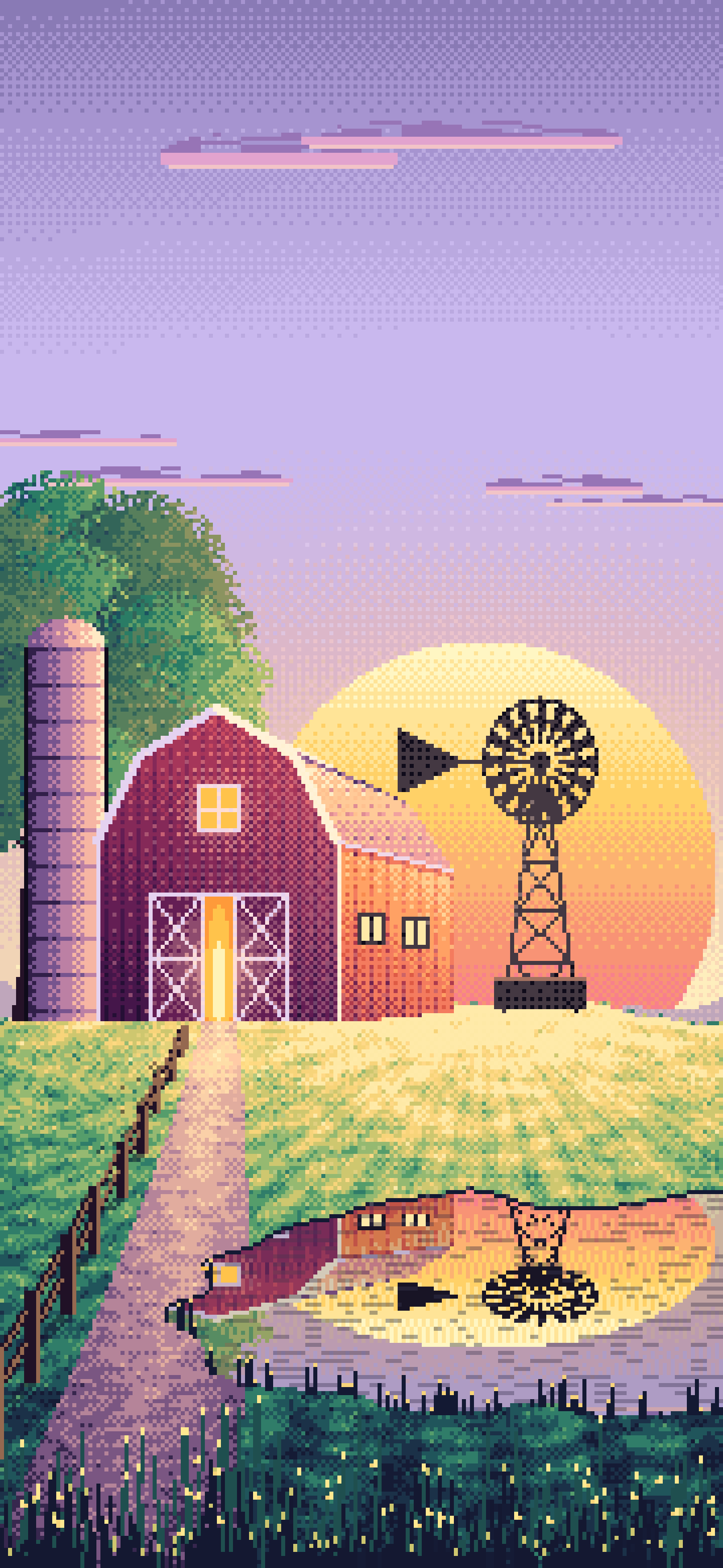 Lavender Pixel Art Farm and Windmill at Sunset wallpaper for iPhone and Android