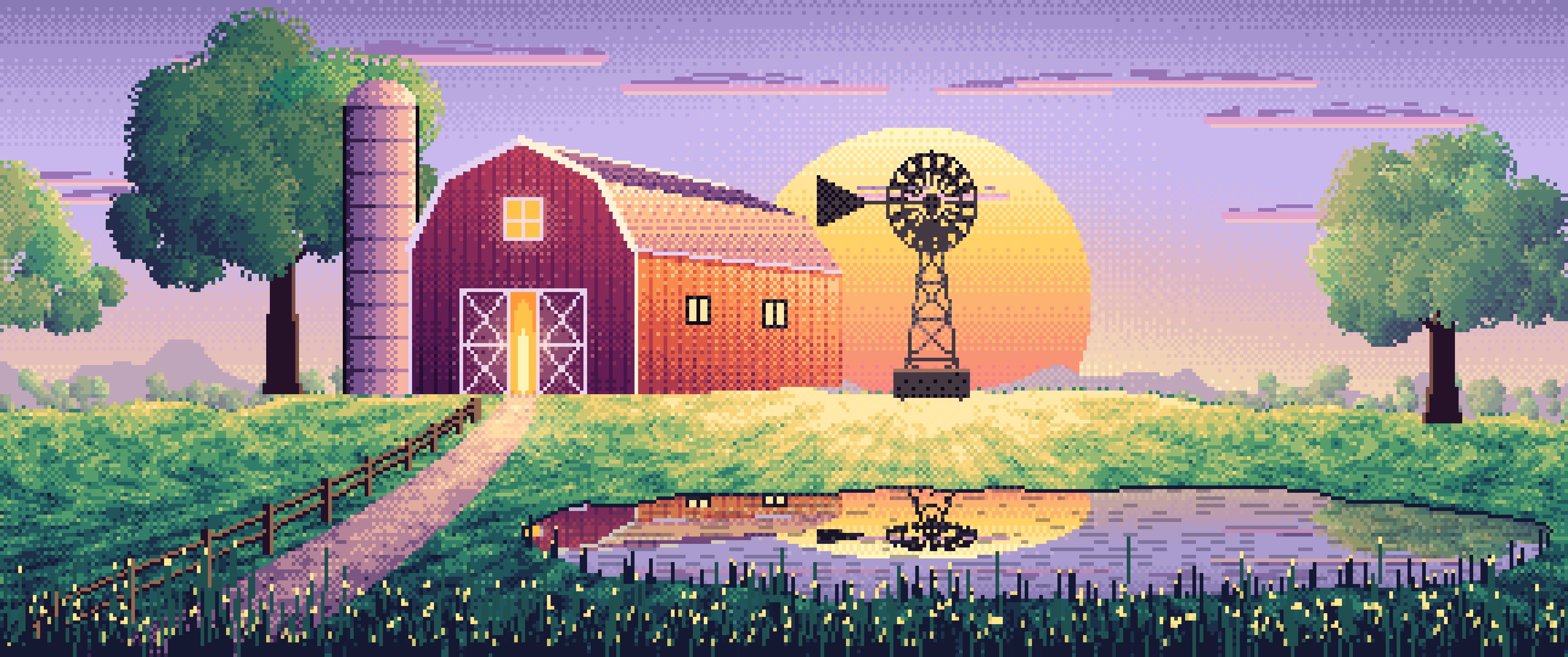 Lavender Pixel Art Farm and Windmill at Sunset ultrawide wallpaper, 3440 × 1440