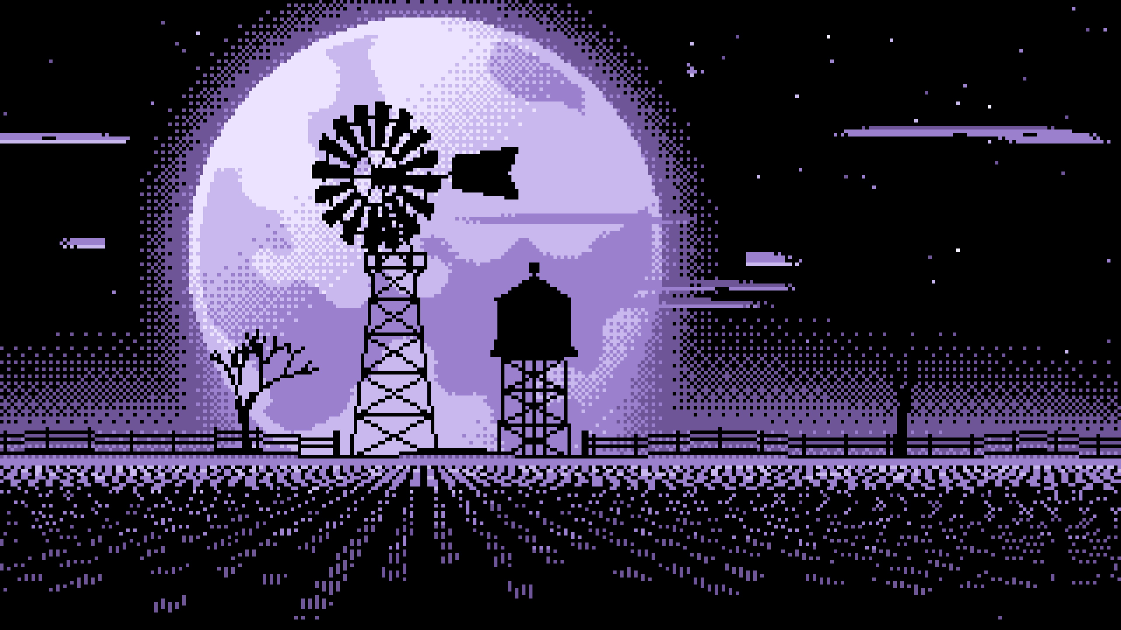 Lavender Pixel Art Farm Windmill and Harvest Moon desktop wallpaper in 4K