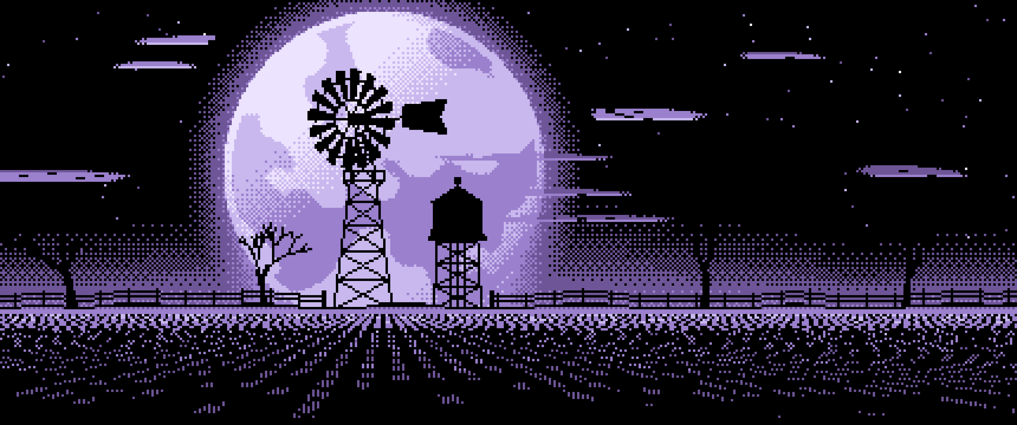 Lavender Pixel Art Farm Windmill and Harvest Moon ultrawide wallpaper, 3440 × 1440