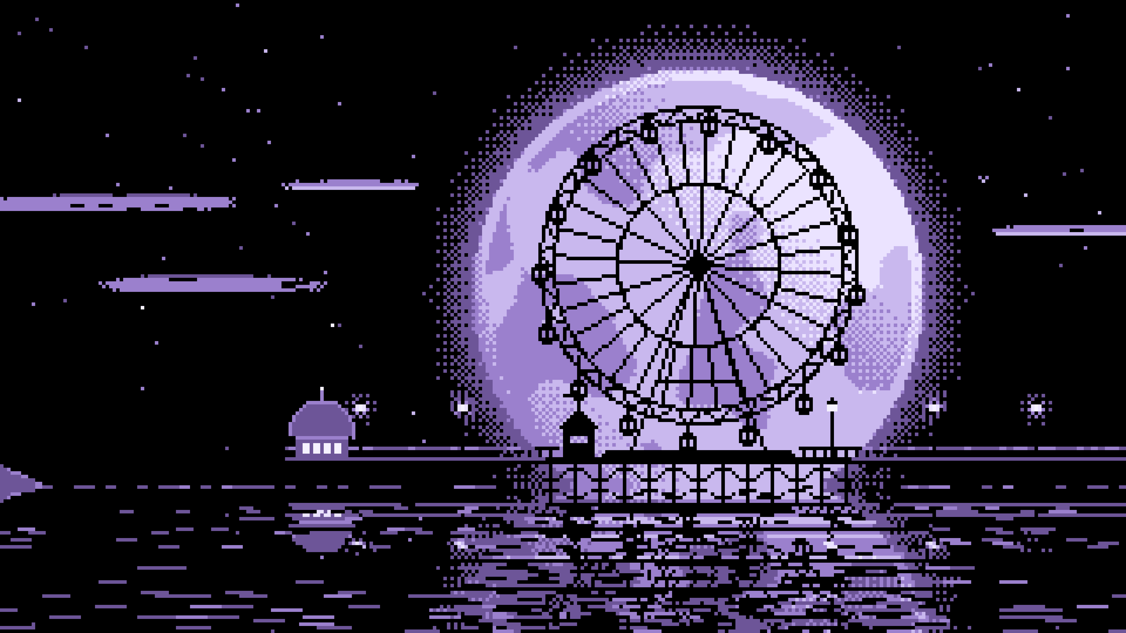 Lavender Pixel Art Ferris Wheel and Full Moon desktop wallpaper in 4K