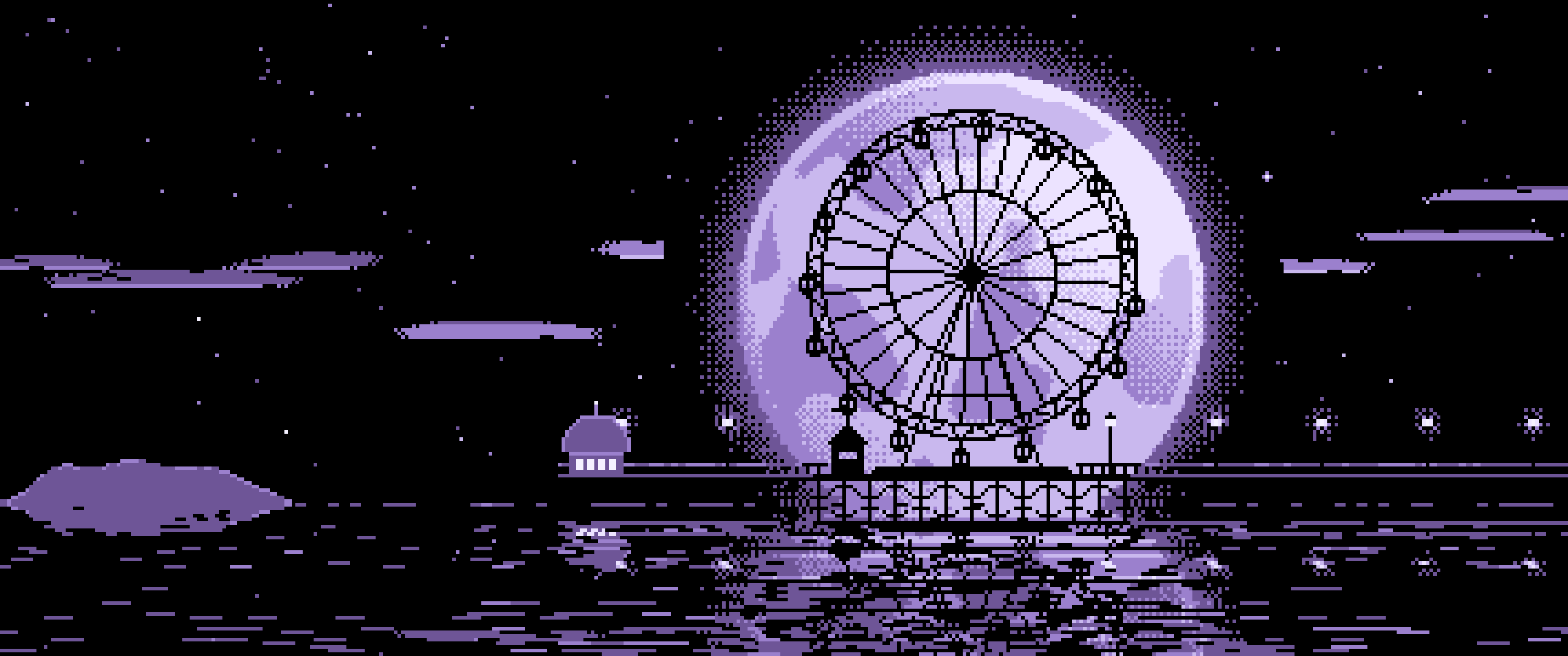 Lavender Pixel Art Ferris Wheel and Full Moon ultrawide wallpaper, 3440 × 1440