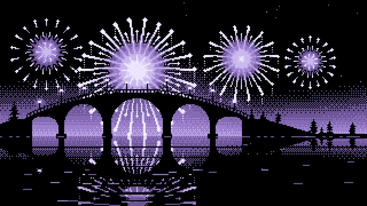 Lavender Pixel Art Fireworks and Bridge desktop wallpaper in 4K