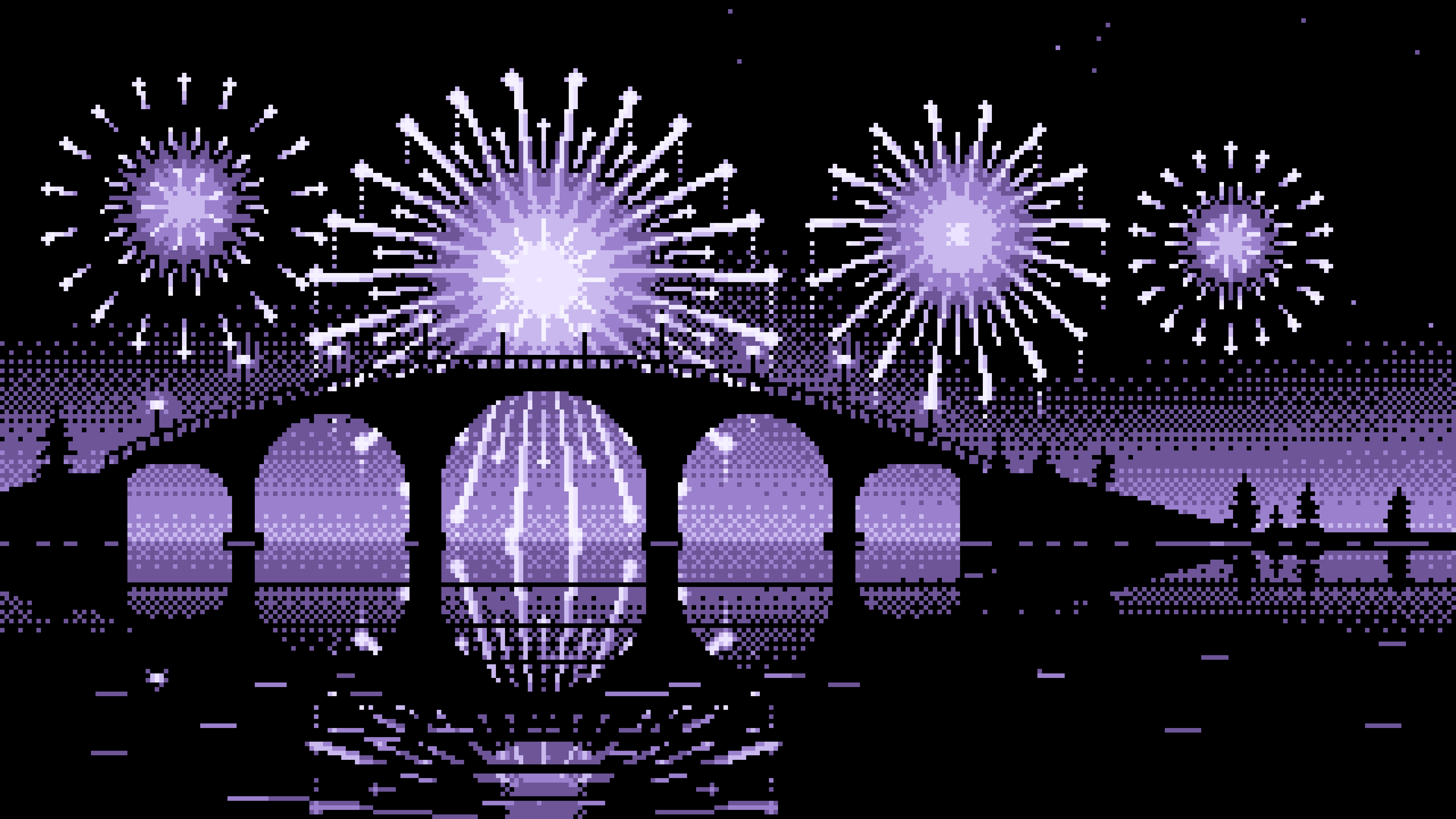 Lavender Pixel Art Fireworks and Bridge desktop wallpaper in 4K
