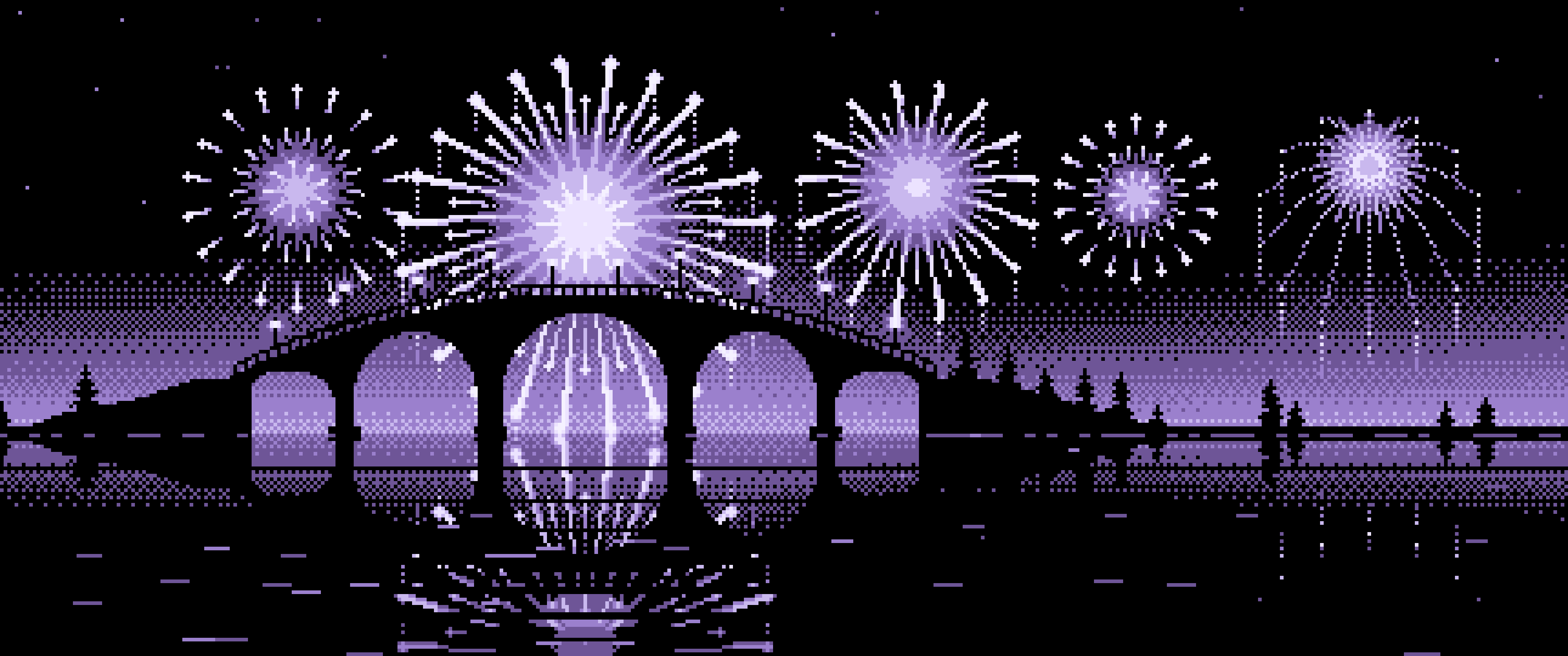 Lavender Pixel Art Fireworks and Bridge ultrawide wallpaper, 3440 × 1440