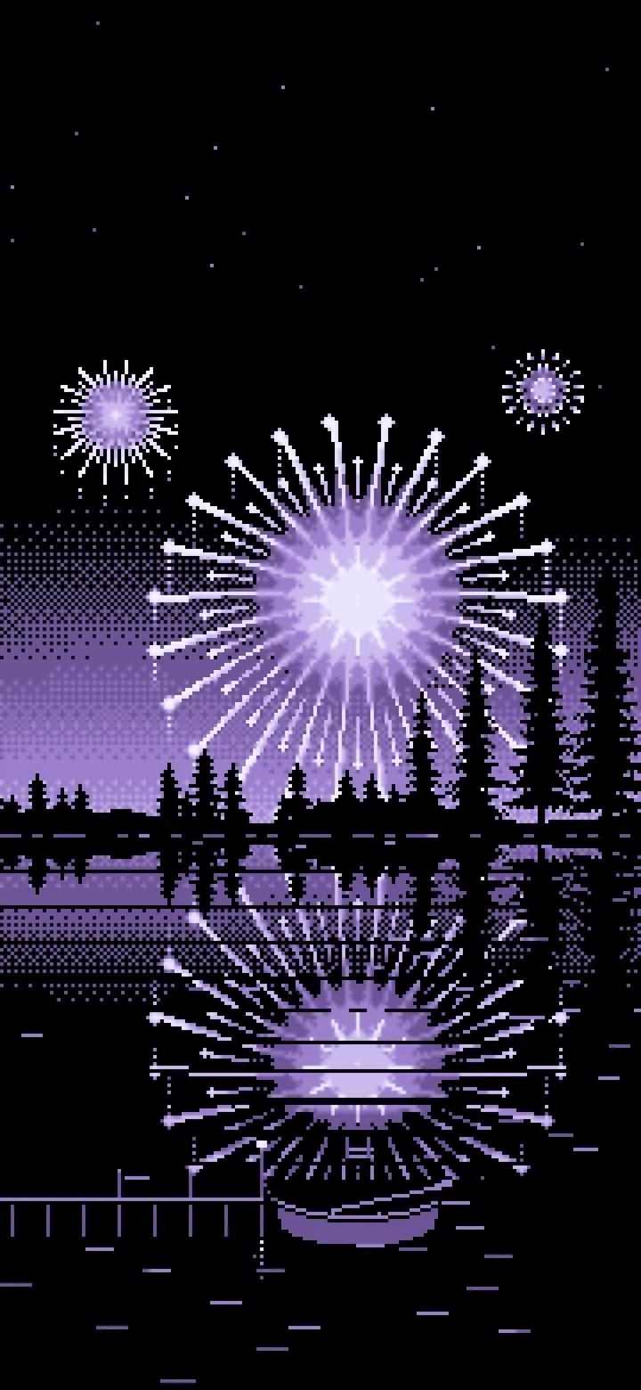 Lavender Pixel Art Fireworks and Lake wallpaper for iPhone and Android