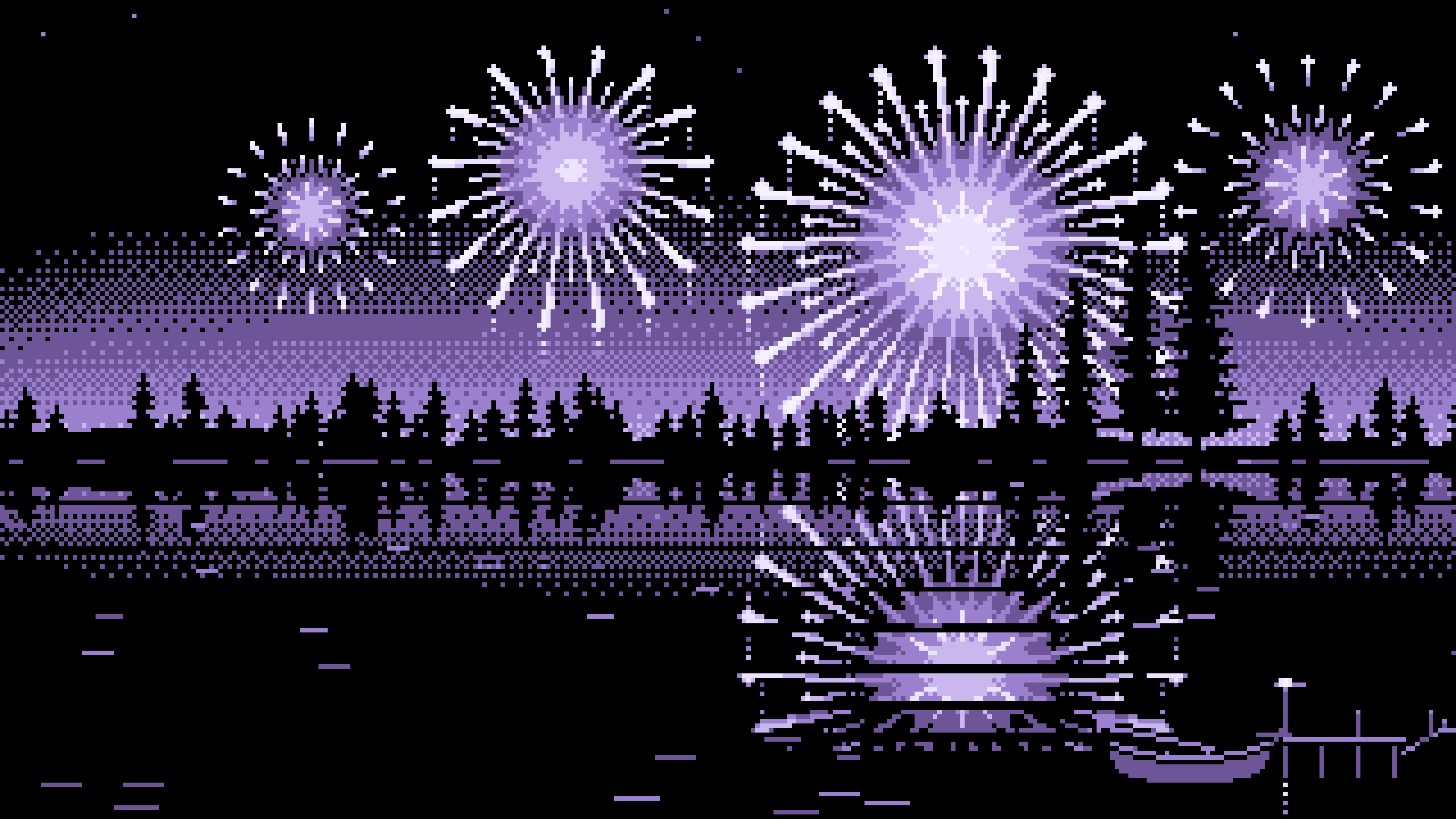 Lavender Pixel Art Fireworks and Lake desktop wallpaper in 4K