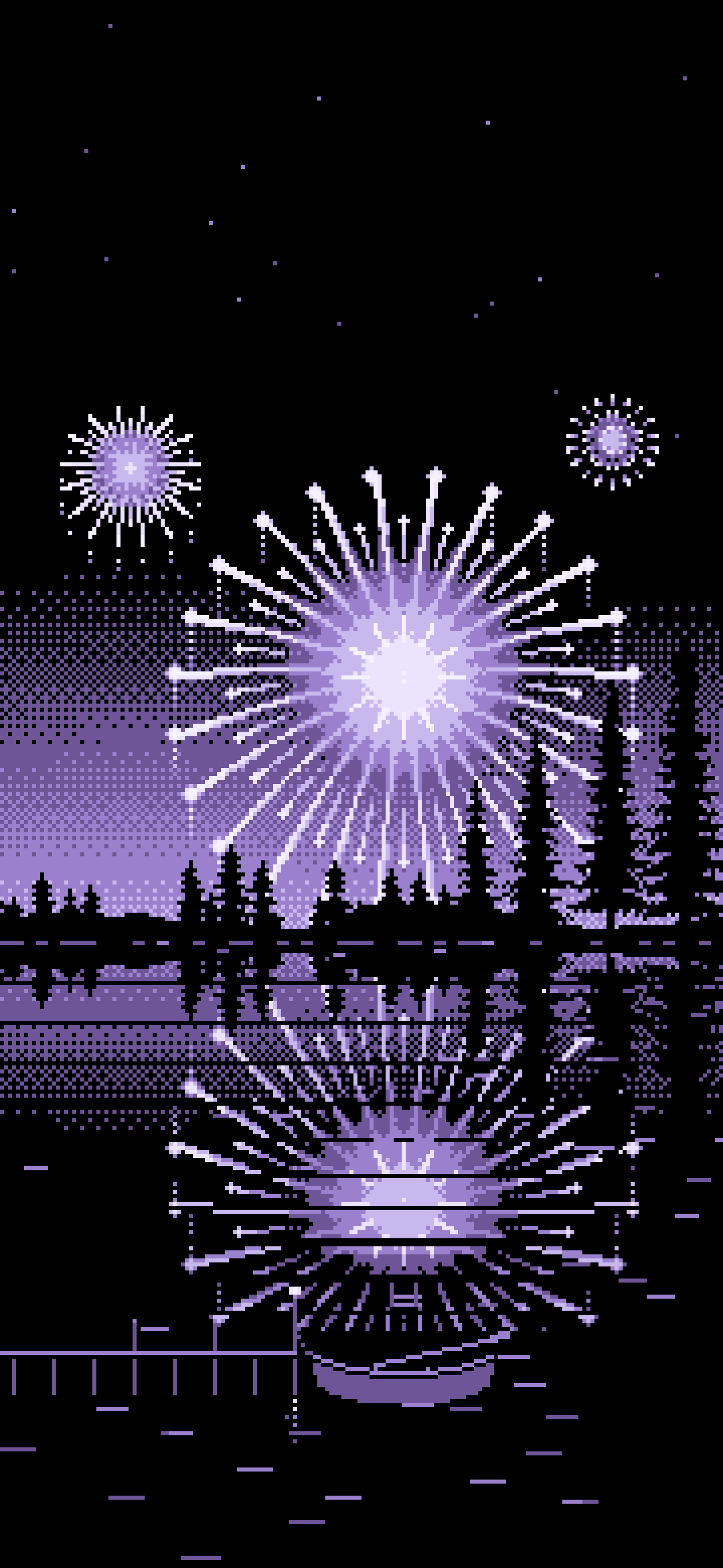 Lavender Pixel Art Fireworks and Lake wallpaper for iPhone and Android