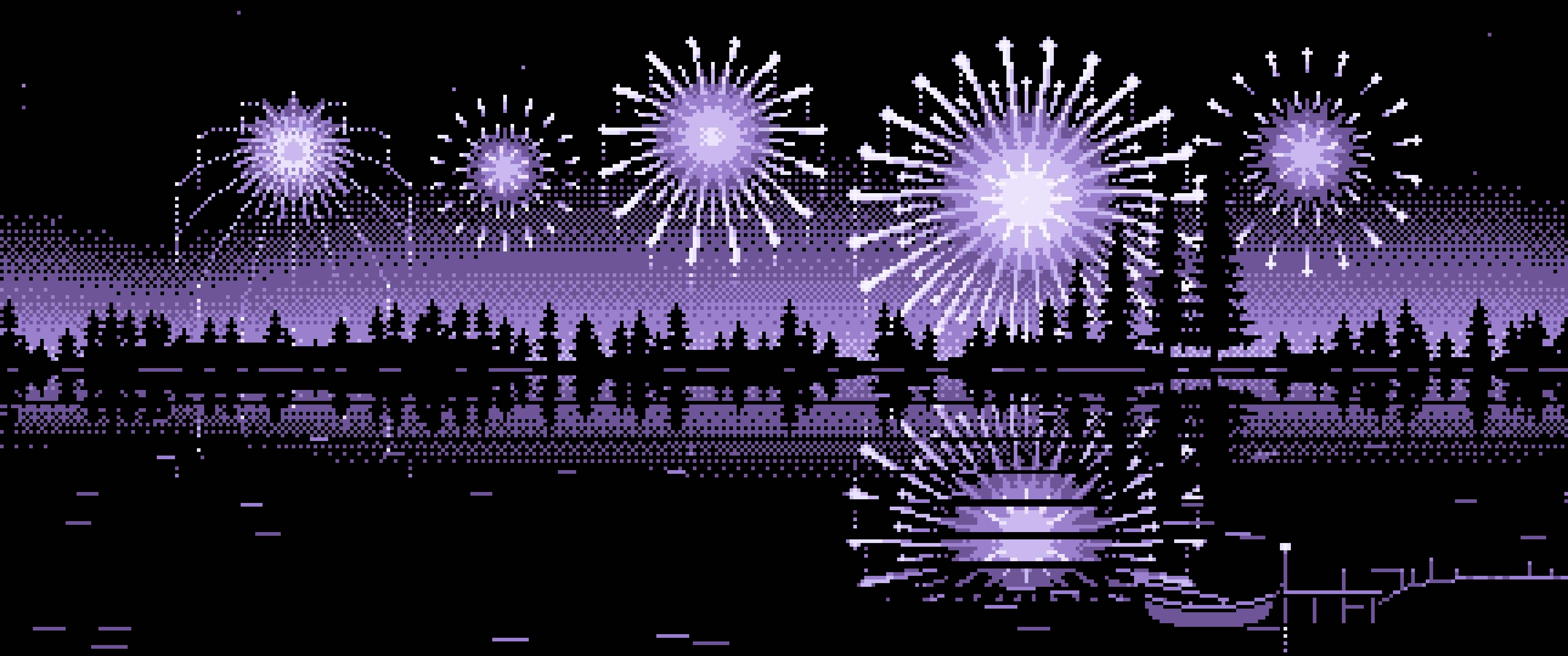 Lavender Pixel Art Fireworks and Lake ultrawide wallpaper, 3440 × 1440