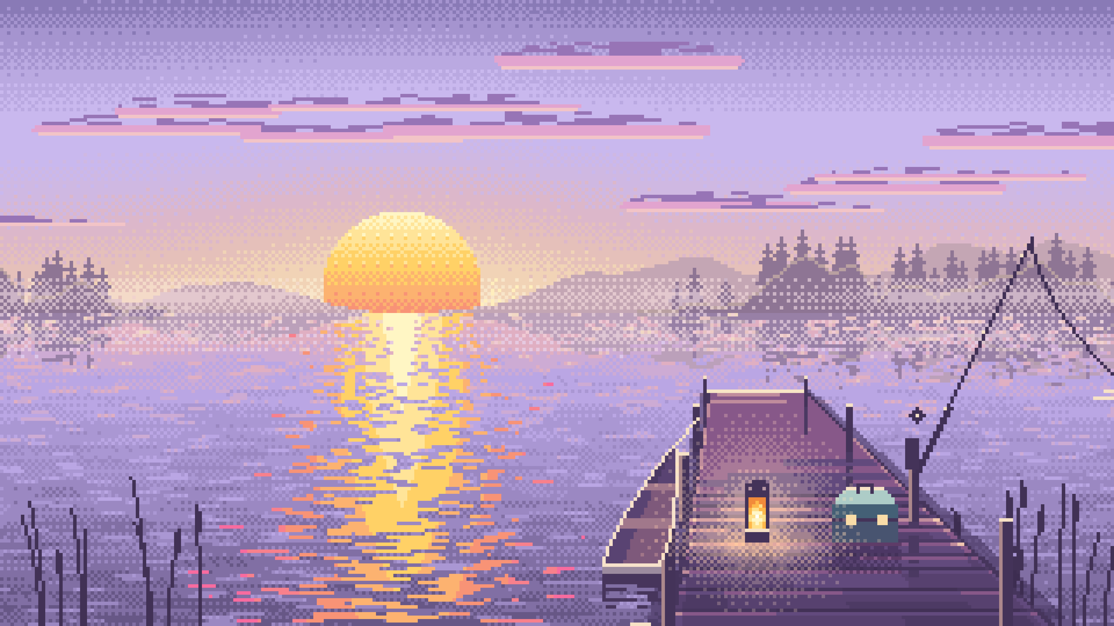 Lavender Pixel Art Fishing Dock at Sunrise desktop wallpaper in 4K