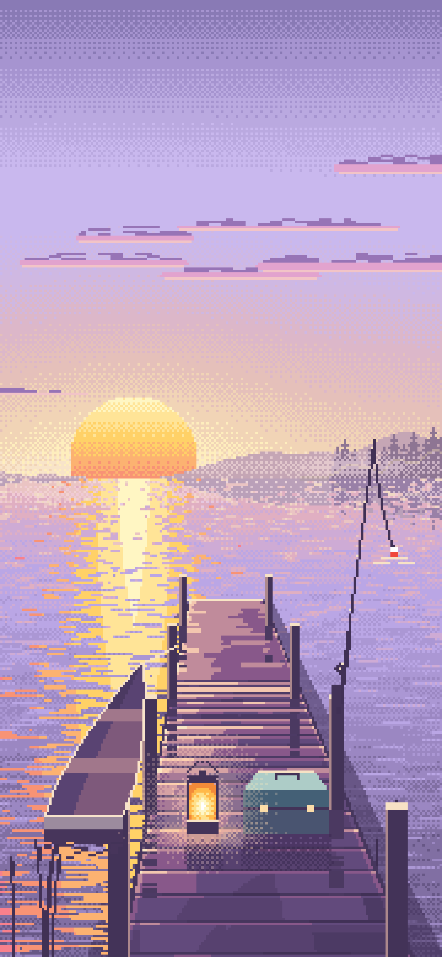 Lavender Pixel Art Fishing Dock at Sunrise wallpaper for iPhone and Android