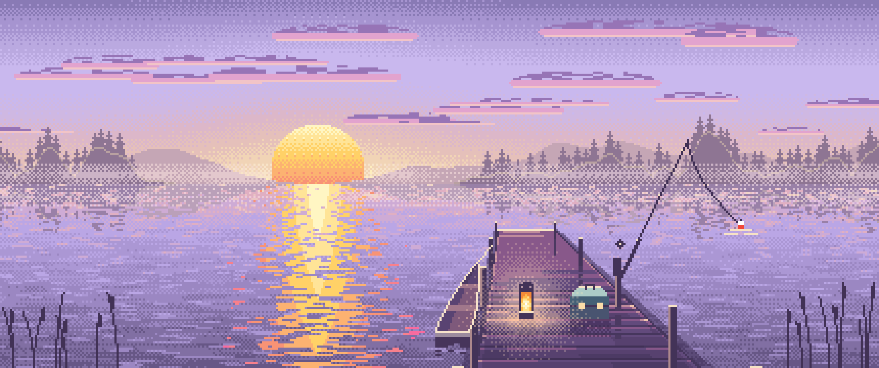 Lavender Pixel Art Fishing Dock at Sunrise ultrawide wallpaper, 3440 × 1440