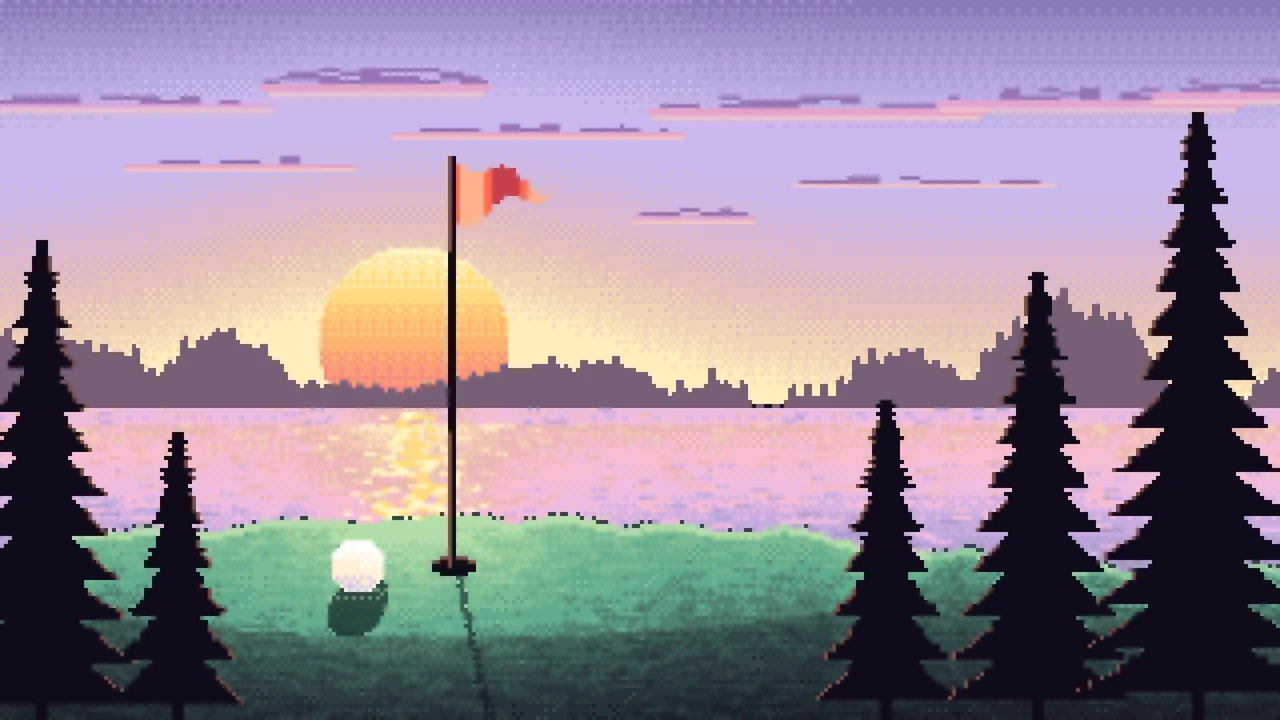Lavender Pixel Art Golf Course at Sunset desktop wallpaper in 4K