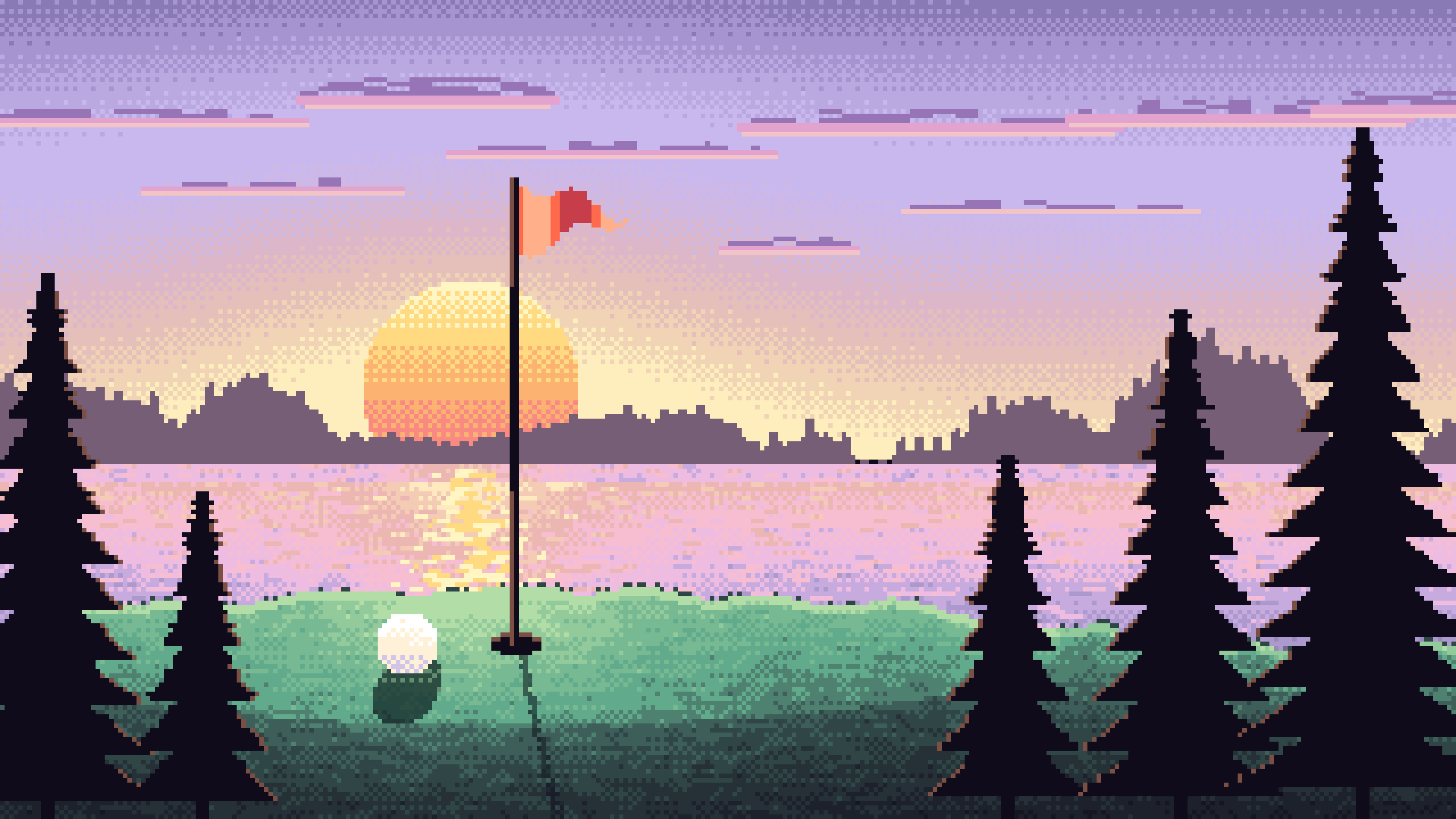 Lavender Pixel Art Golf Course at Sunset desktop wallpaper in 4K