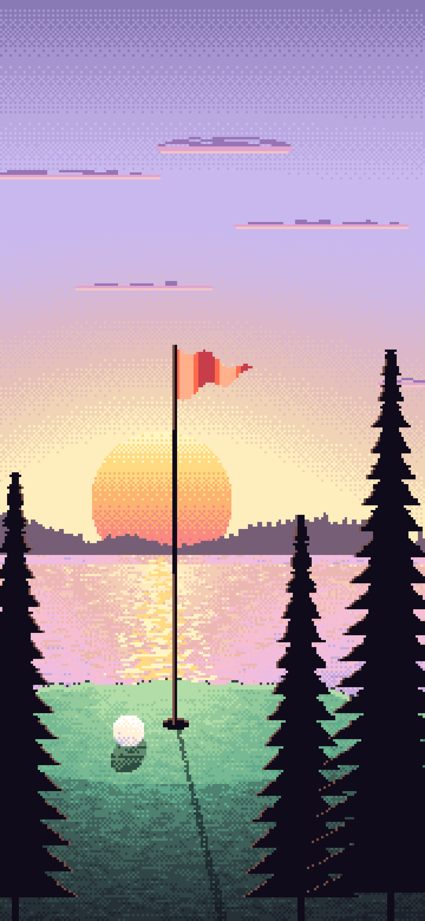 Lavender Pixel Art Golf Course at Sunset wallpaper for iPhone and Android