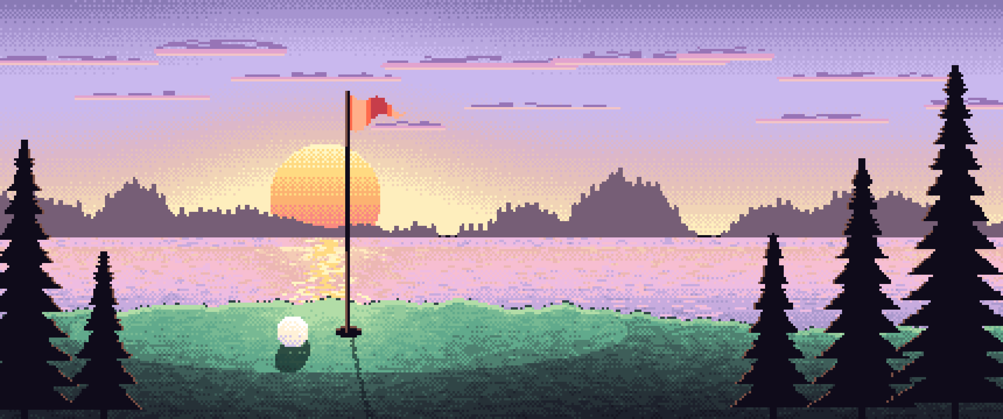 Lavender Pixel Art Golf Course at Sunset ultrawide wallpaper, 3440 × 1440