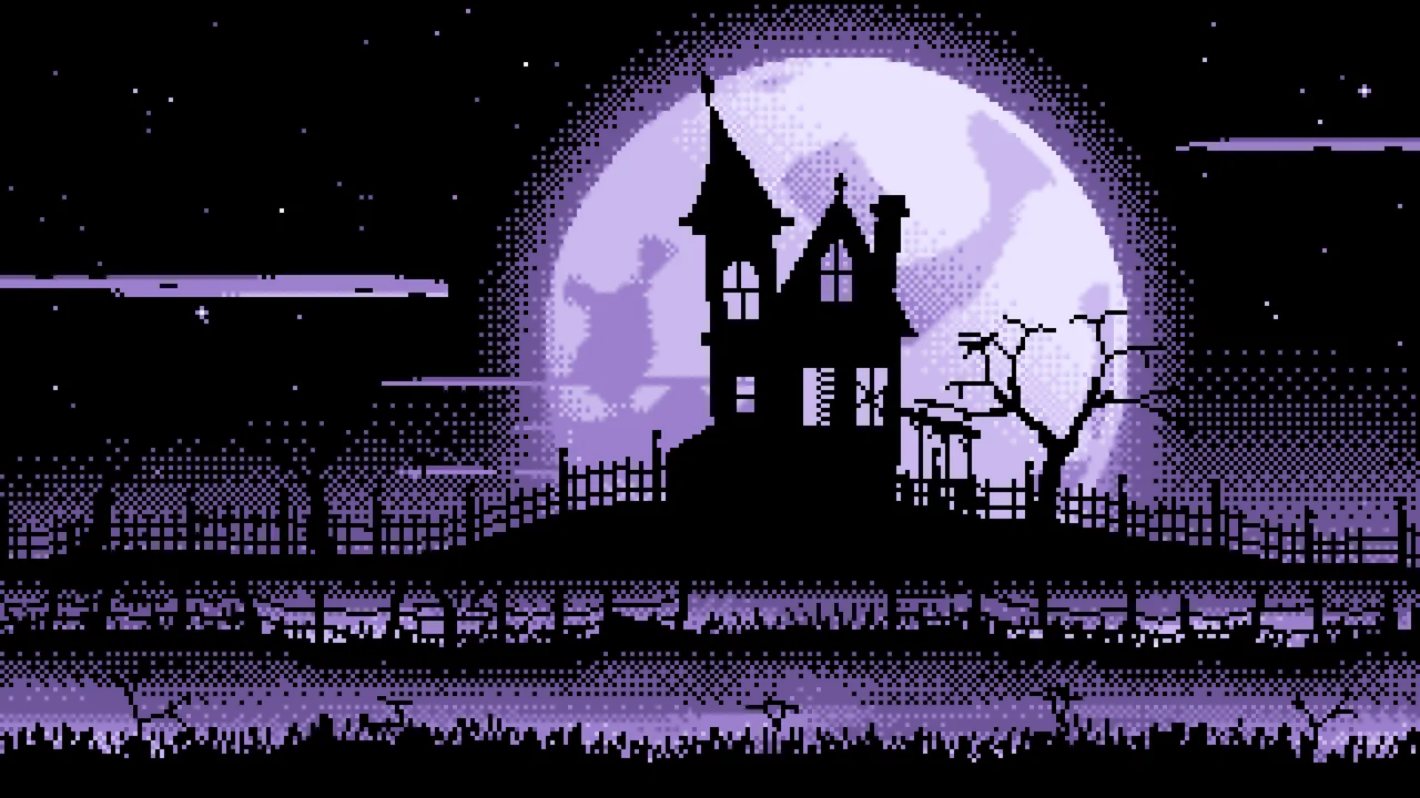 Lavender Pixel Art Haunted House and Full Moon desktop wallpaper in 4K
