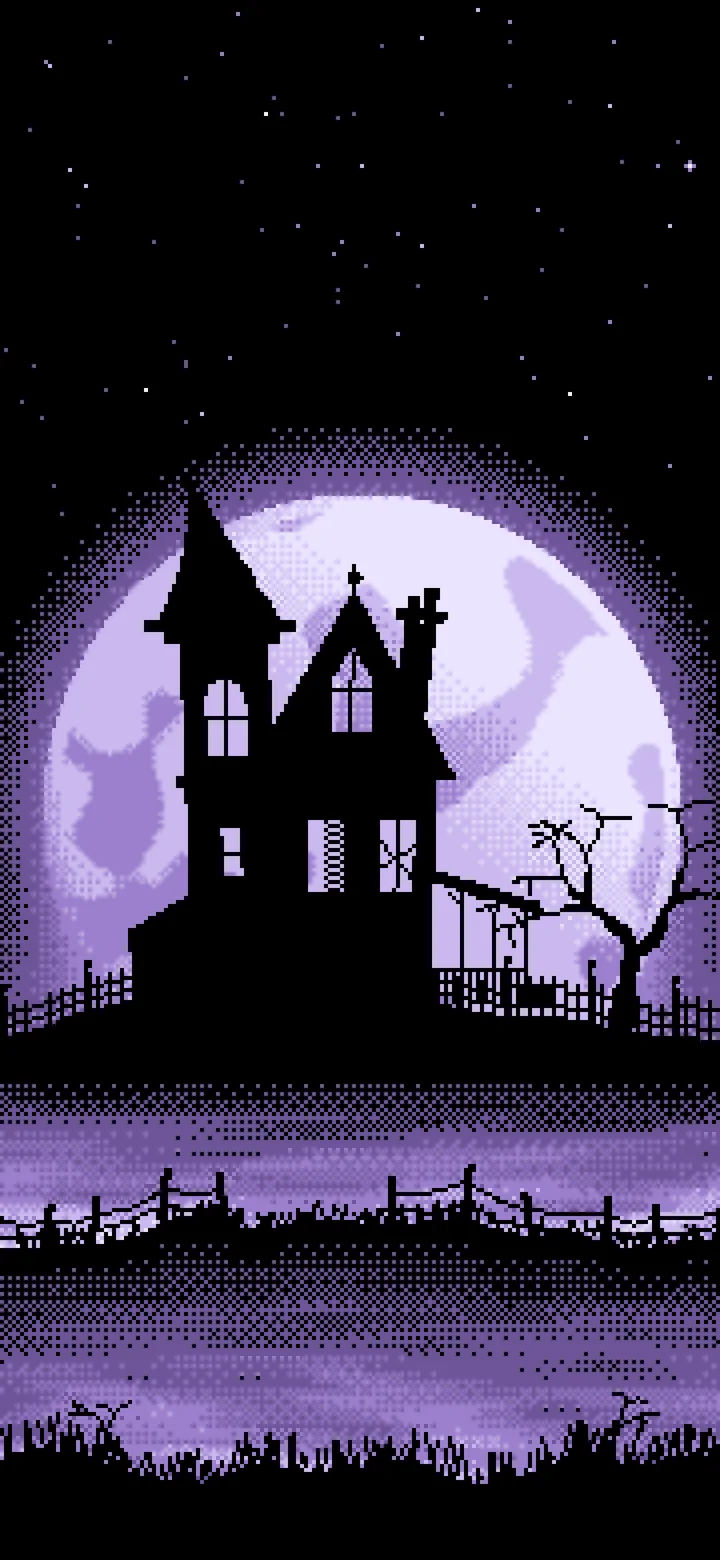 Lavender Pixel Art Haunted House and Full Moon wallpaper for iPhone and Android