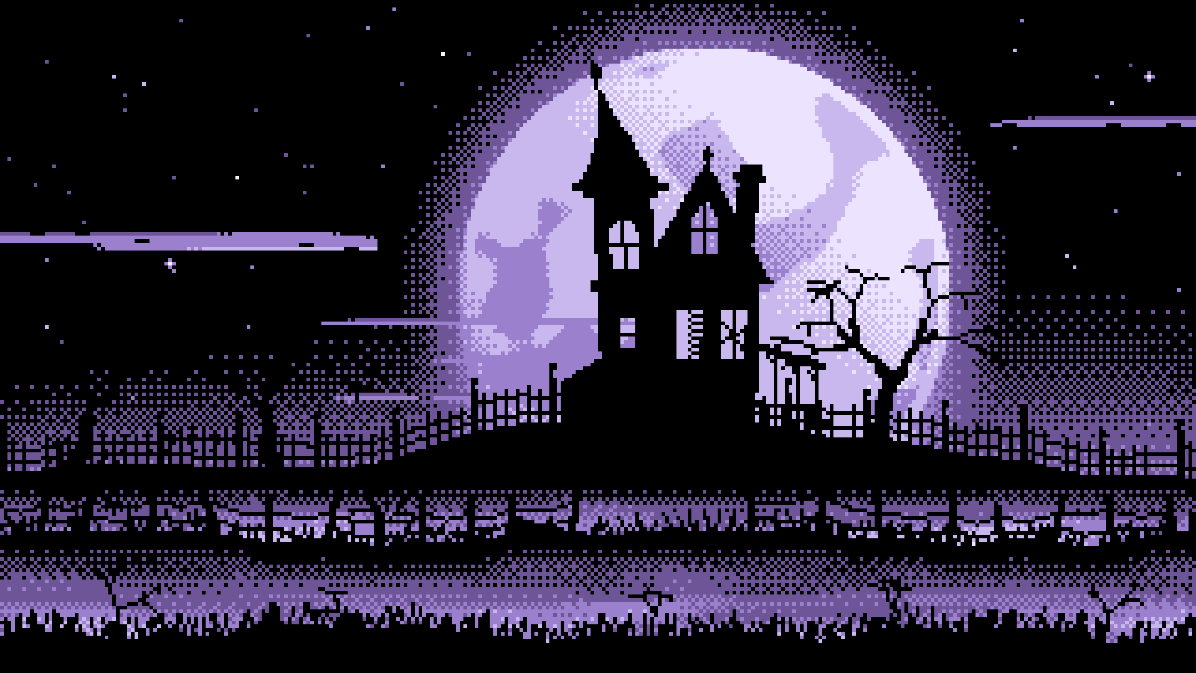 Lavender Pixel Art Haunted House and Full Moon desktop wallpaper in 4K
