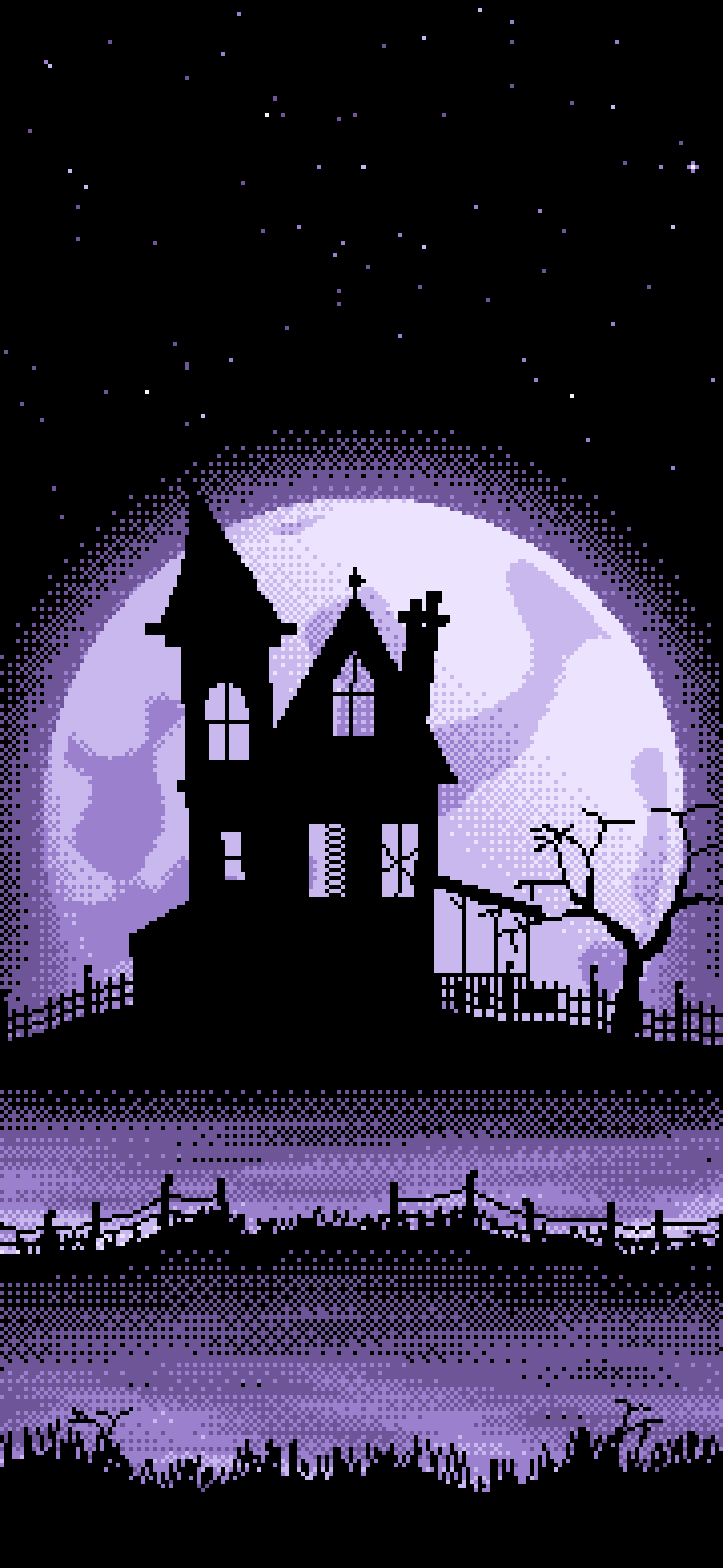 Lavender Pixel Art Haunted House and Full Moon wallpaper for iPhone and Android