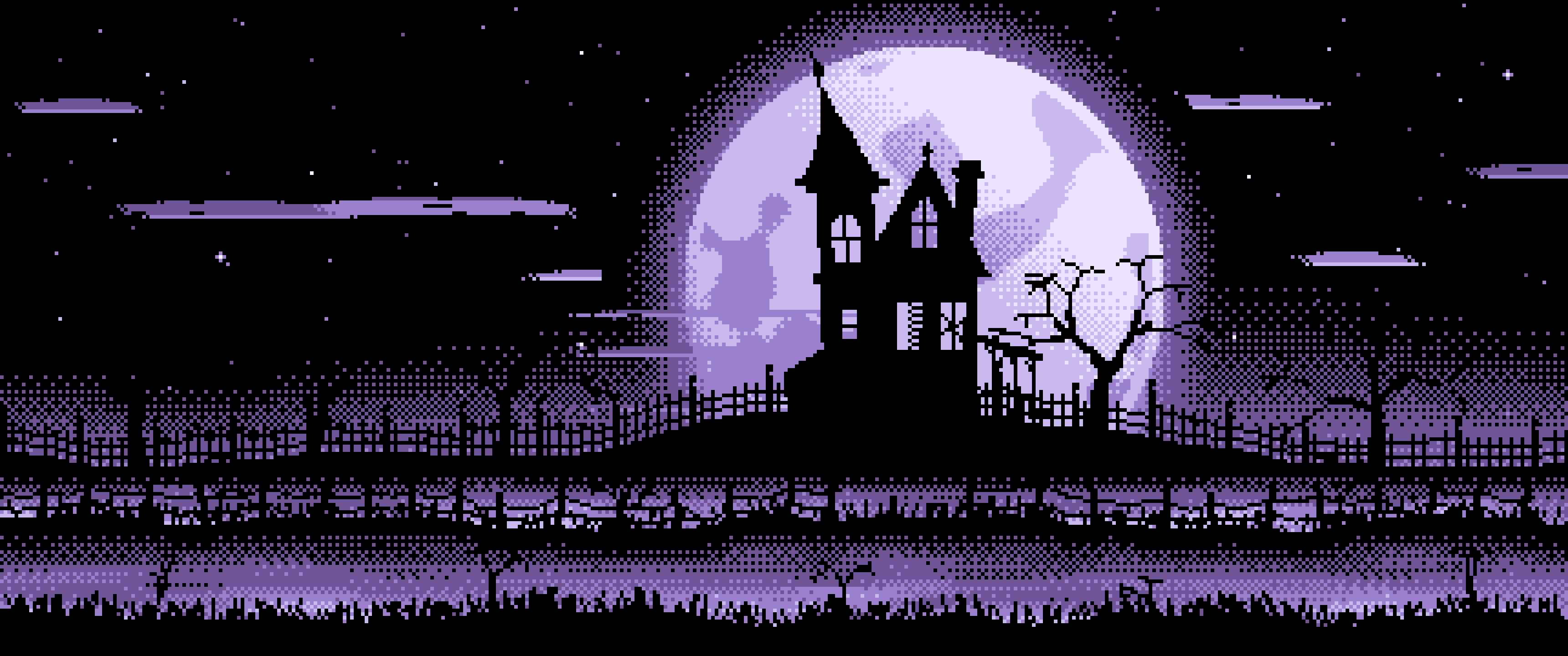 Lavender Pixel Art Haunted House and Full Moon ultrawide wallpaper, 3440 × 1440
