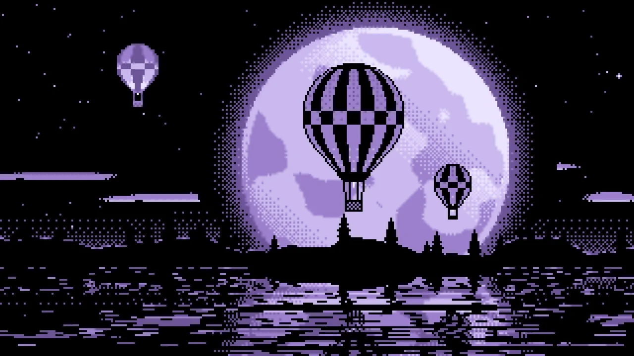 Lavender Pixel Art Hot Air Balloons and Full Moon desktop wallpaper in 4K
