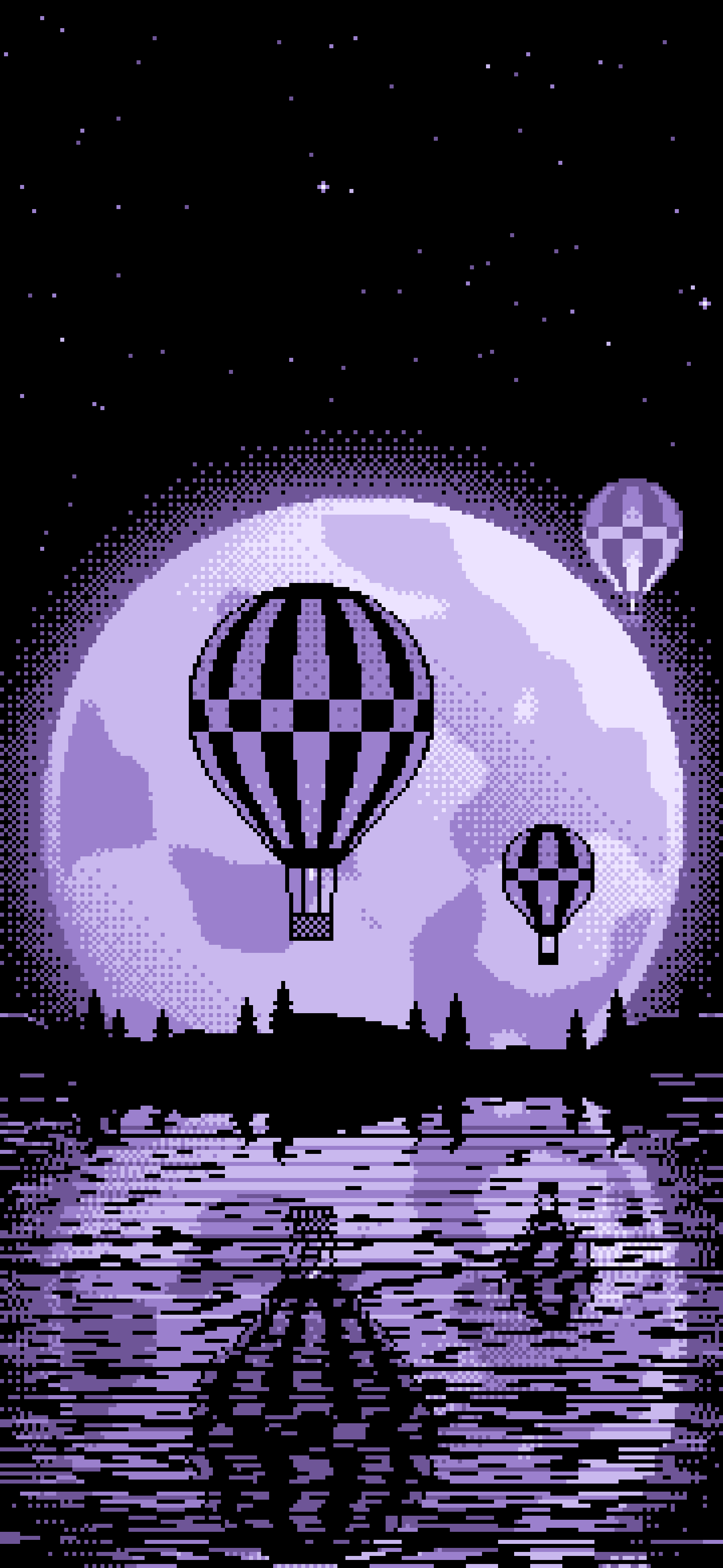 Lavender Pixel Art Hot Air Balloons and Full Moon wallpaper for iPhone and Android