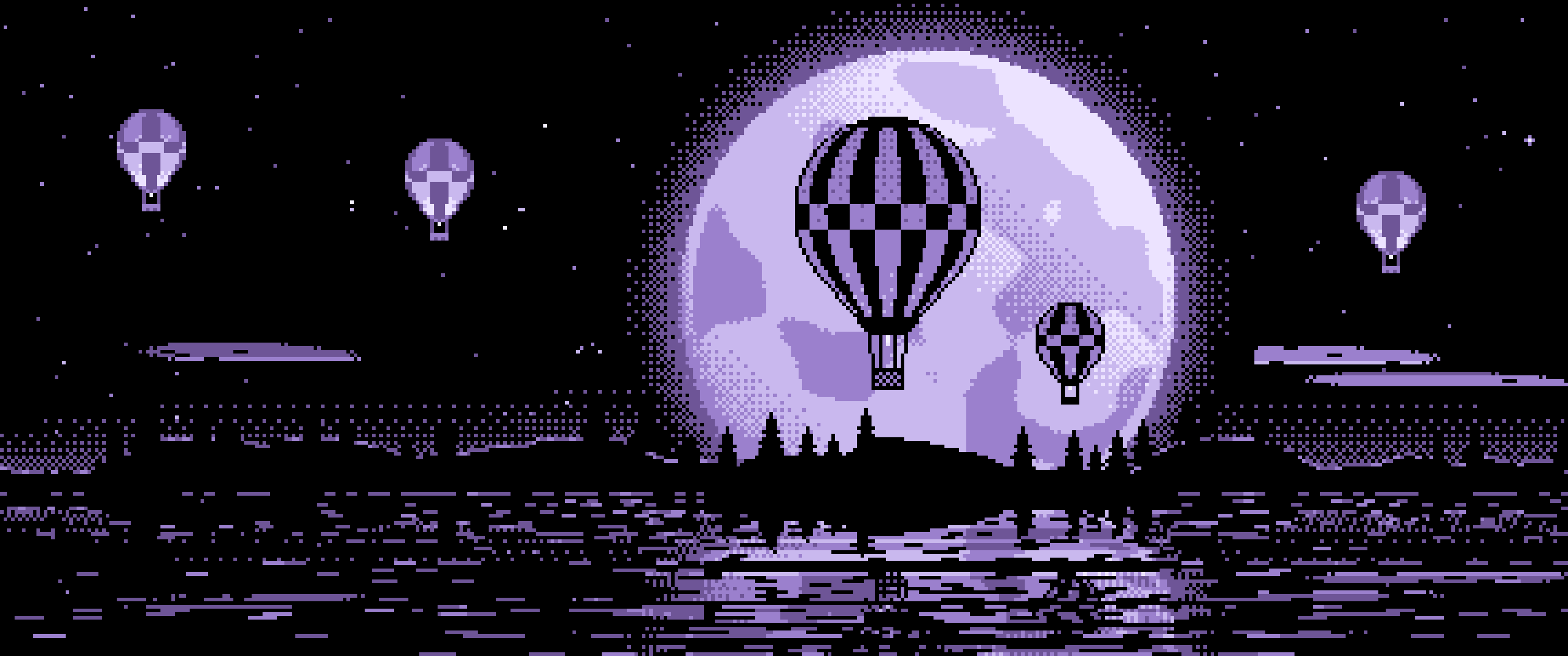 Lavender Pixel Art Hot Air Balloons and Full Moon ultrawide wallpaper, 3440 × 1440