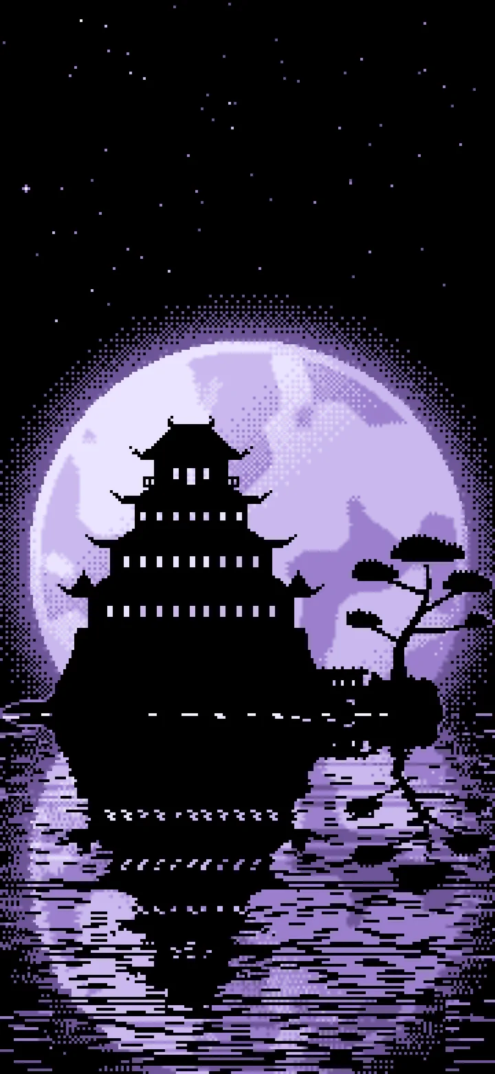 Lavender Pixel Art Japanese Castle and Full Moon wallpaper for iPhone and Android