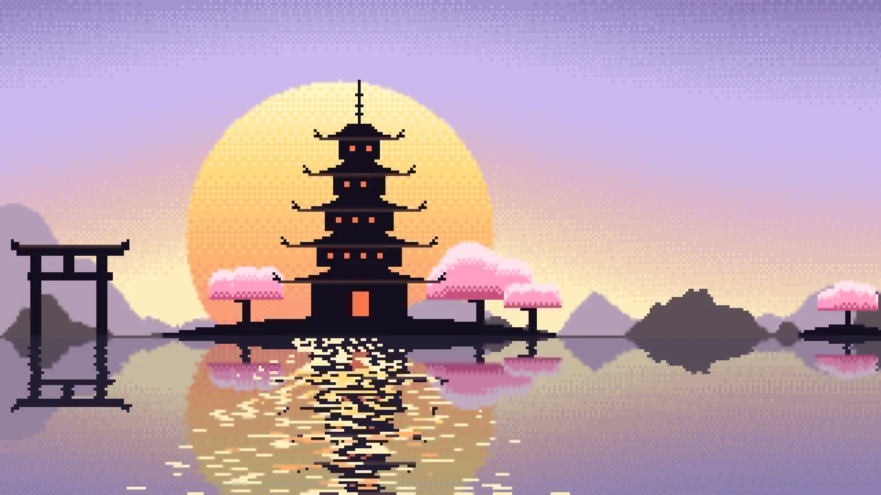 Lavender Pixel Art Japanese Temple desktop wallpaper in 4K