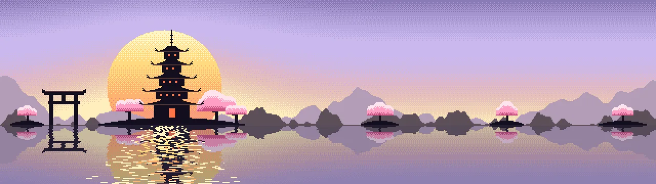 Lavender Pixel Art Japanese Temple dual monitor wallpaper, 7680 × 2160
