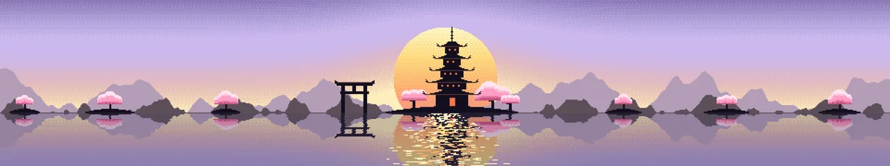 Lavender Pixel Art Japanese Temple triple monitor wallpaper, 7680 × 1440