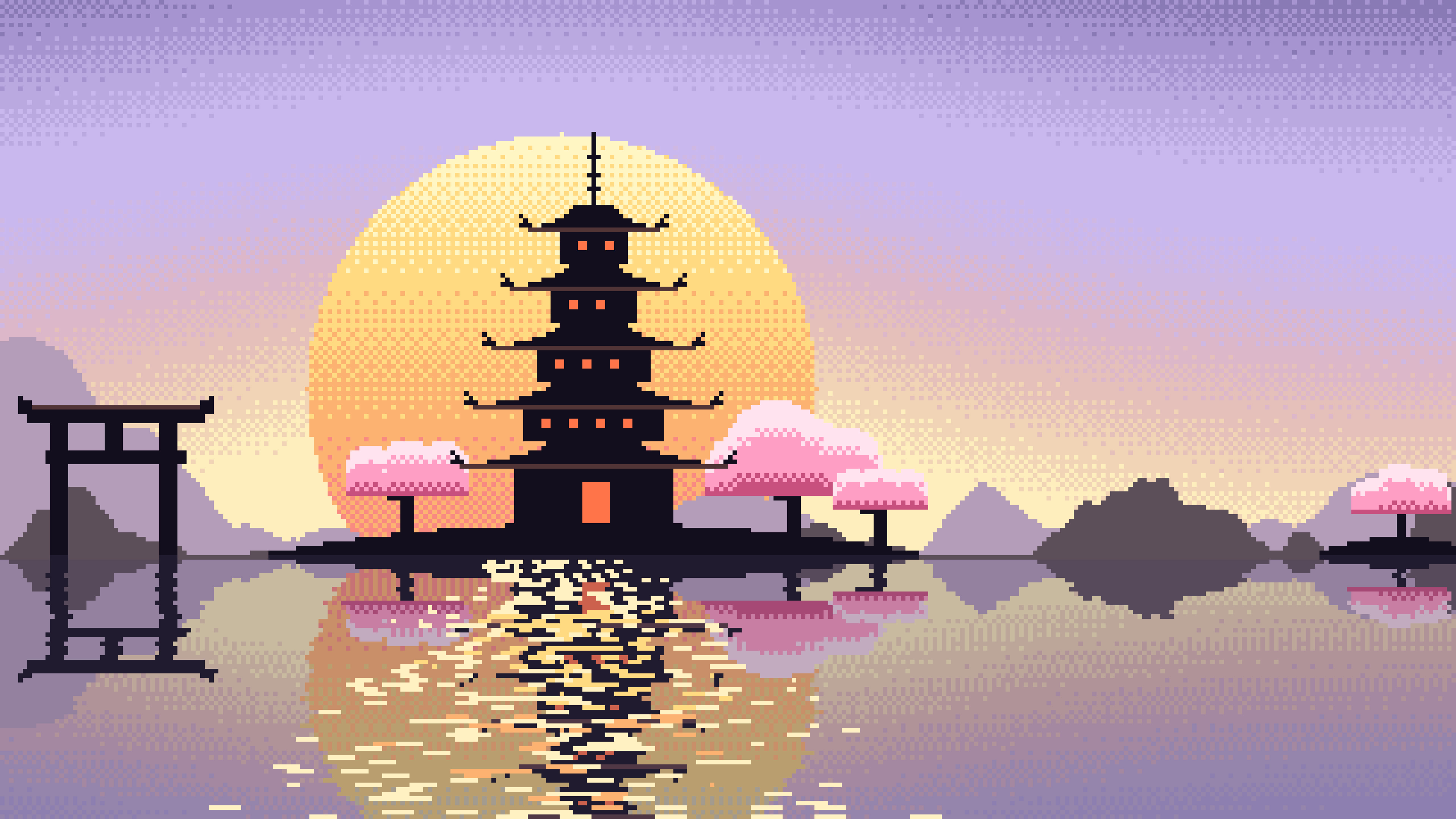 Lavender Pixel Art Japanese Temple desktop wallpaper in 4K
