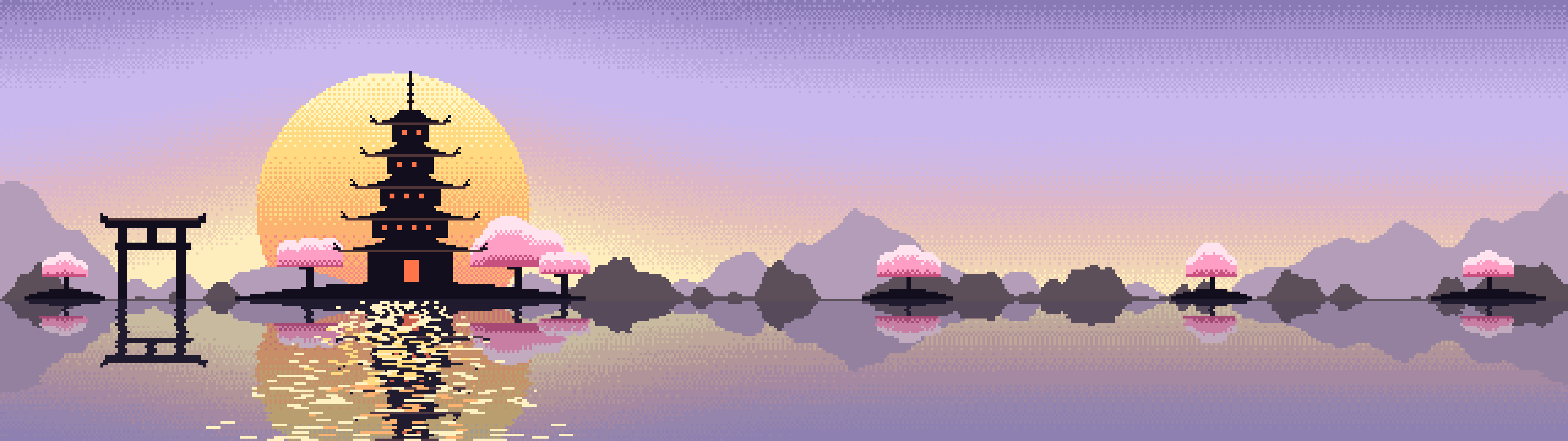 Lavender Pixel Art Japanese Temple dual monitor wallpaper, 7680 × 2160