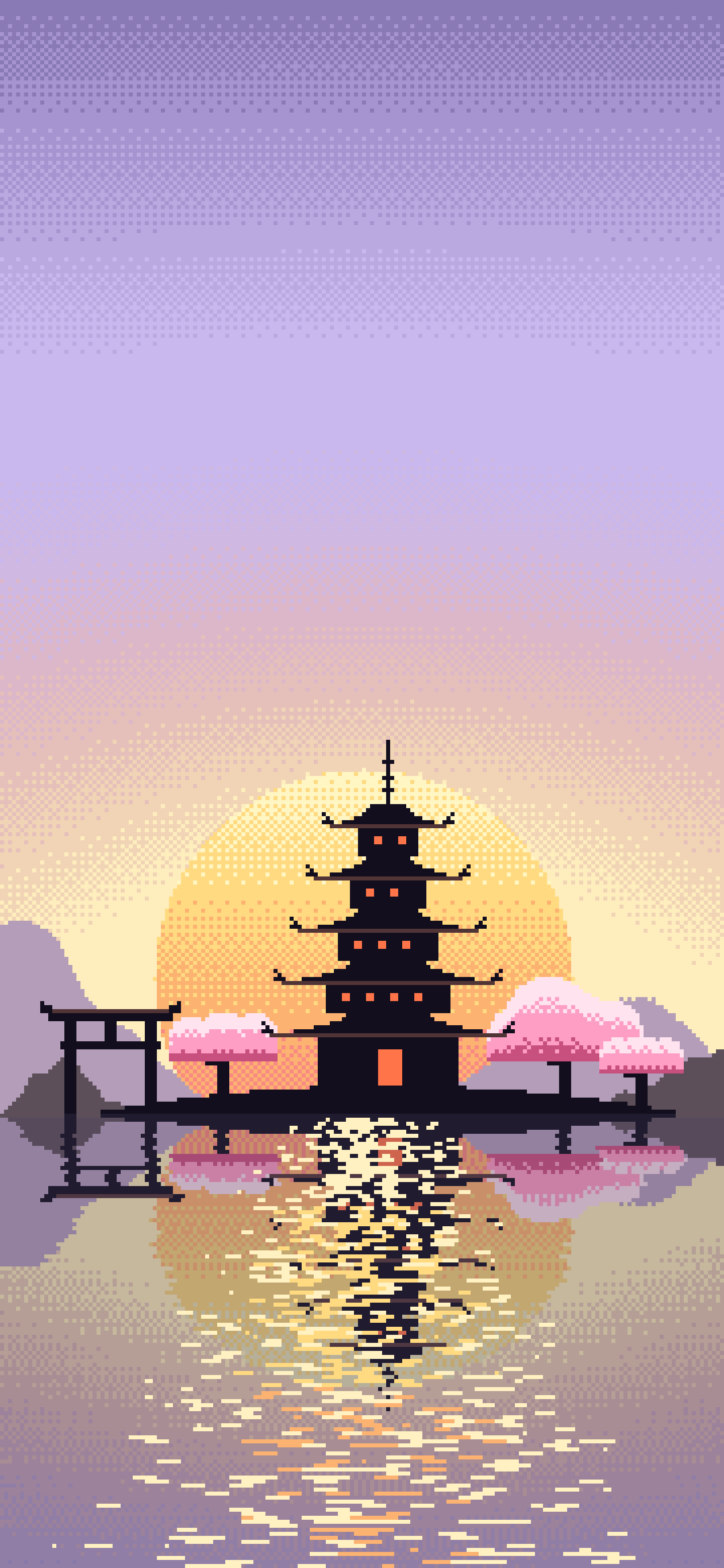 Lavender Pixel Art Japanese Temple wallpaper for iPhone and Android
