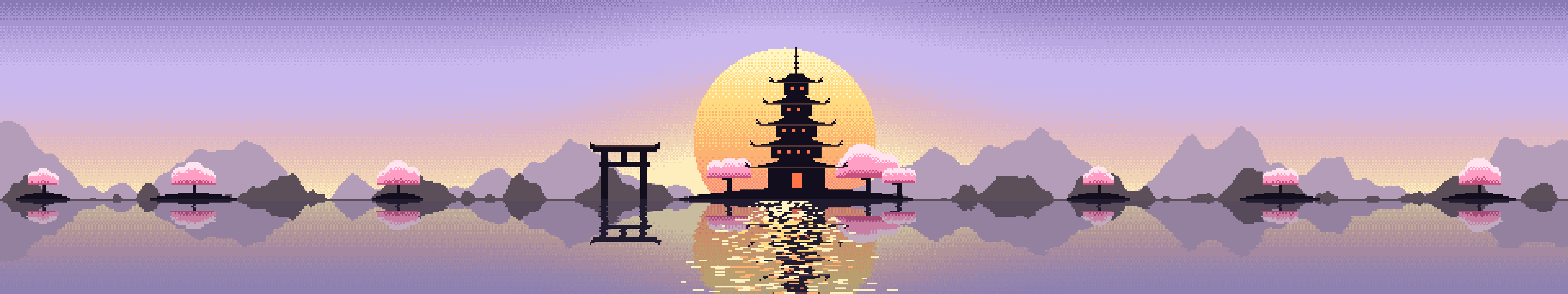 Lavender Pixel Art Japanese Temple triple monitor wallpaper, 7680 × 1440