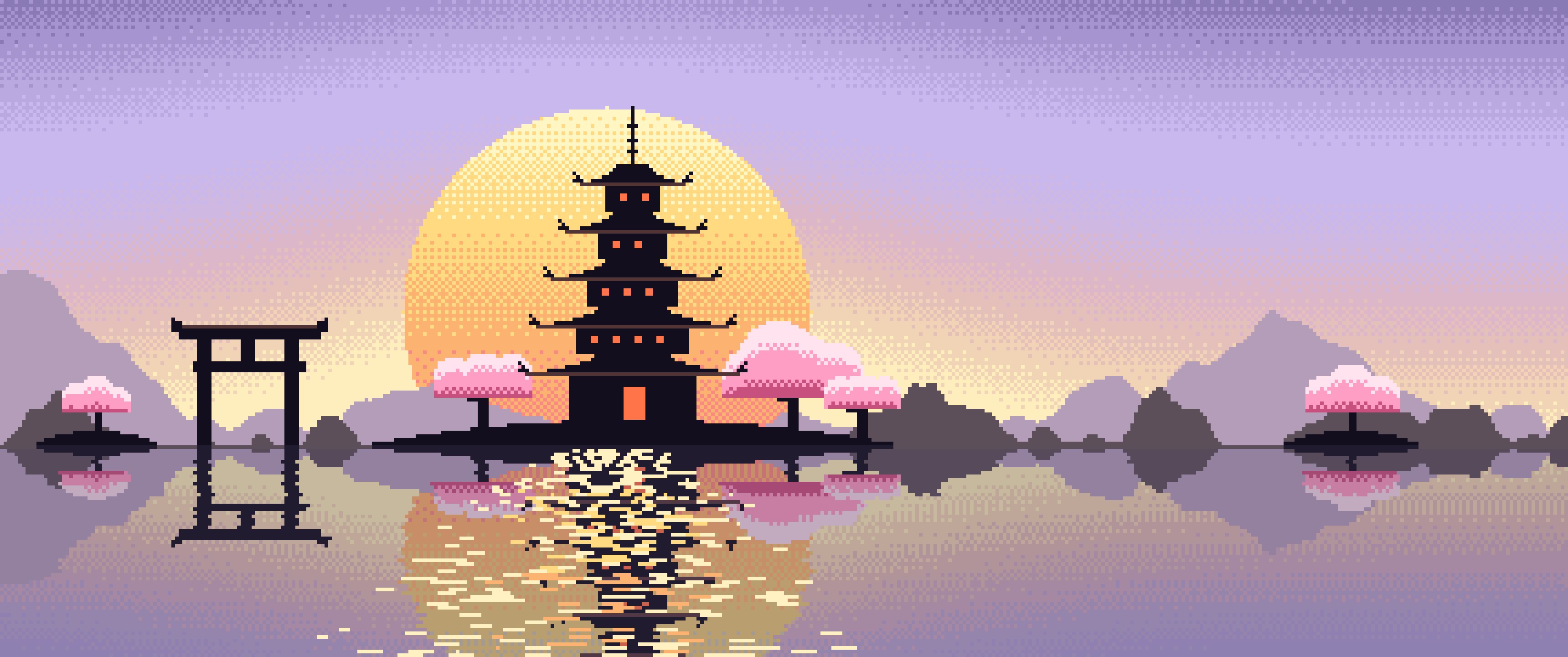 Lavender Pixel Art Japanese Temple ultrawide wallpaper, 3440 × 1440