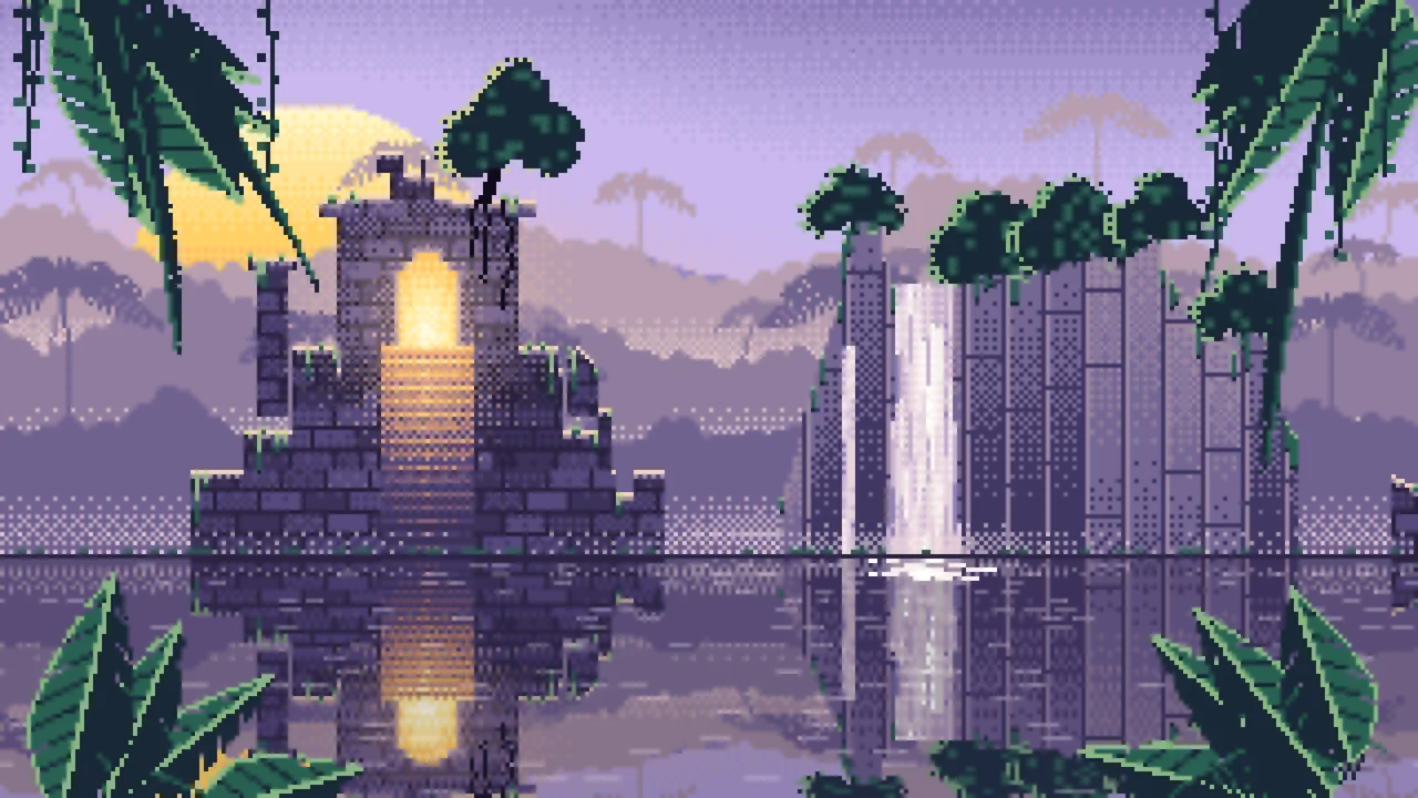 Lavender Pixel Art Jungle Temple Ruins desktop wallpaper in 4K
