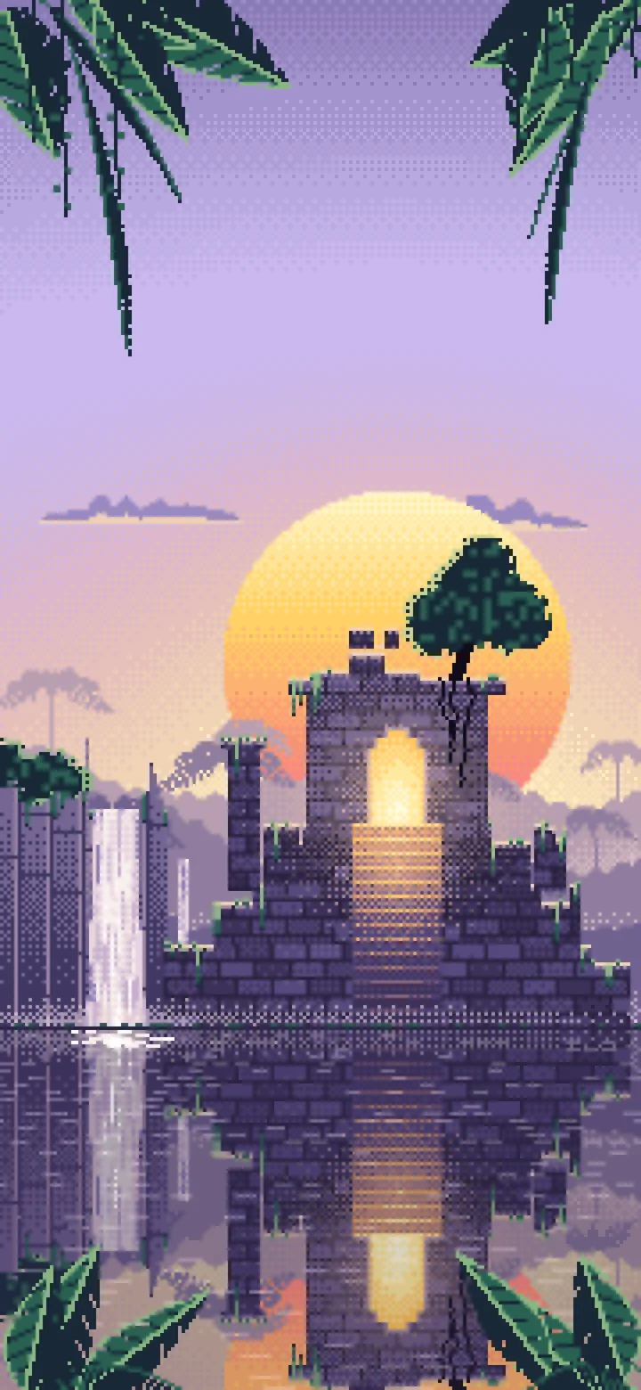 Lavender Pixel Art Jungle Temple Ruins wallpaper for iPhone and Android