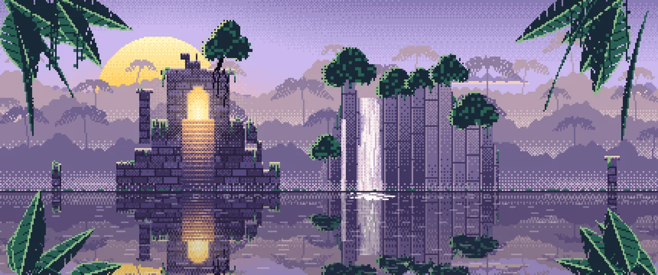 Lavender Pixel Art Jungle Temple Ruins ultrawide wallpaper, 3440 × 1440