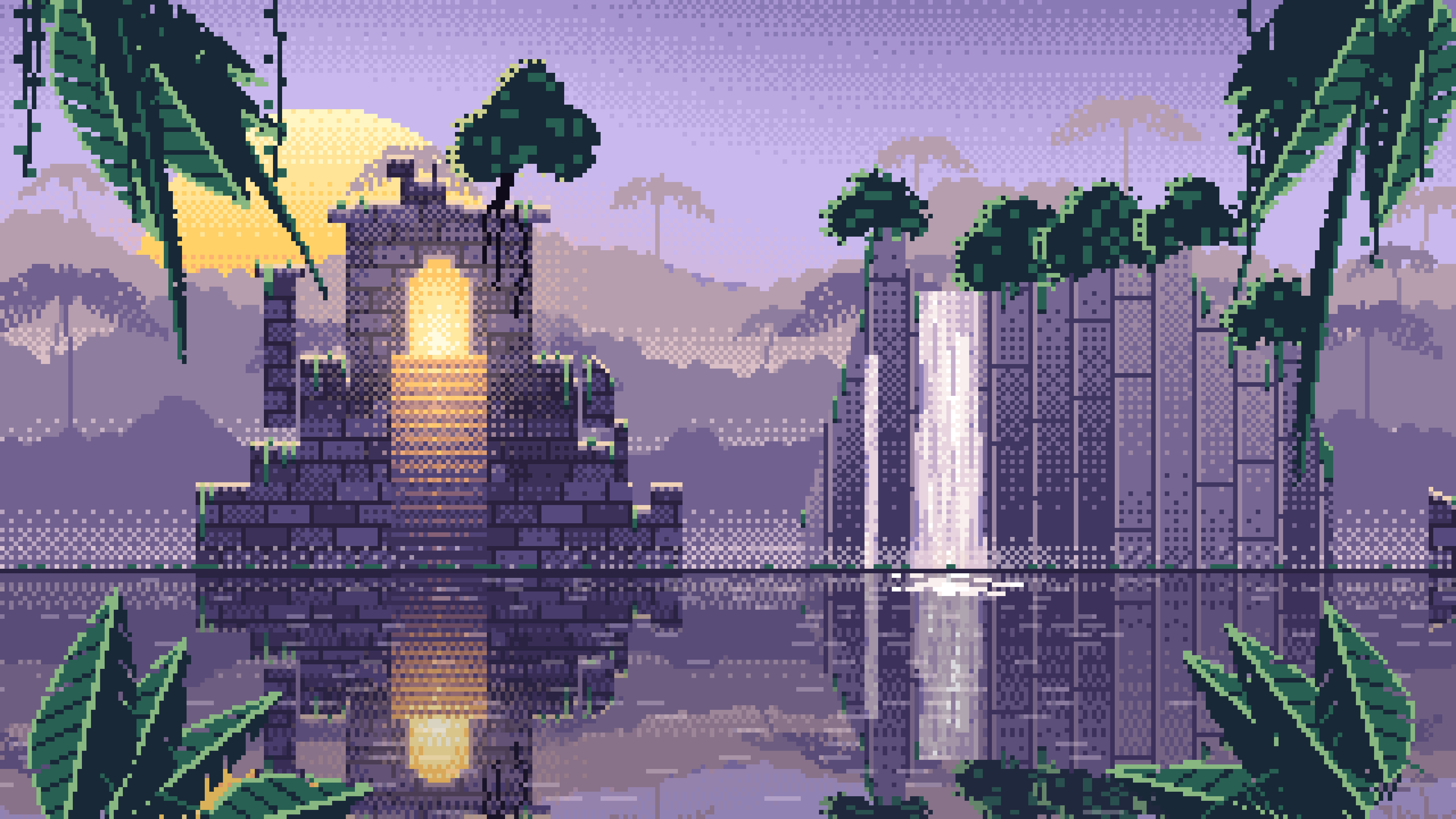 Lavender Pixel Art Jungle Temple Ruins desktop wallpaper in 4K