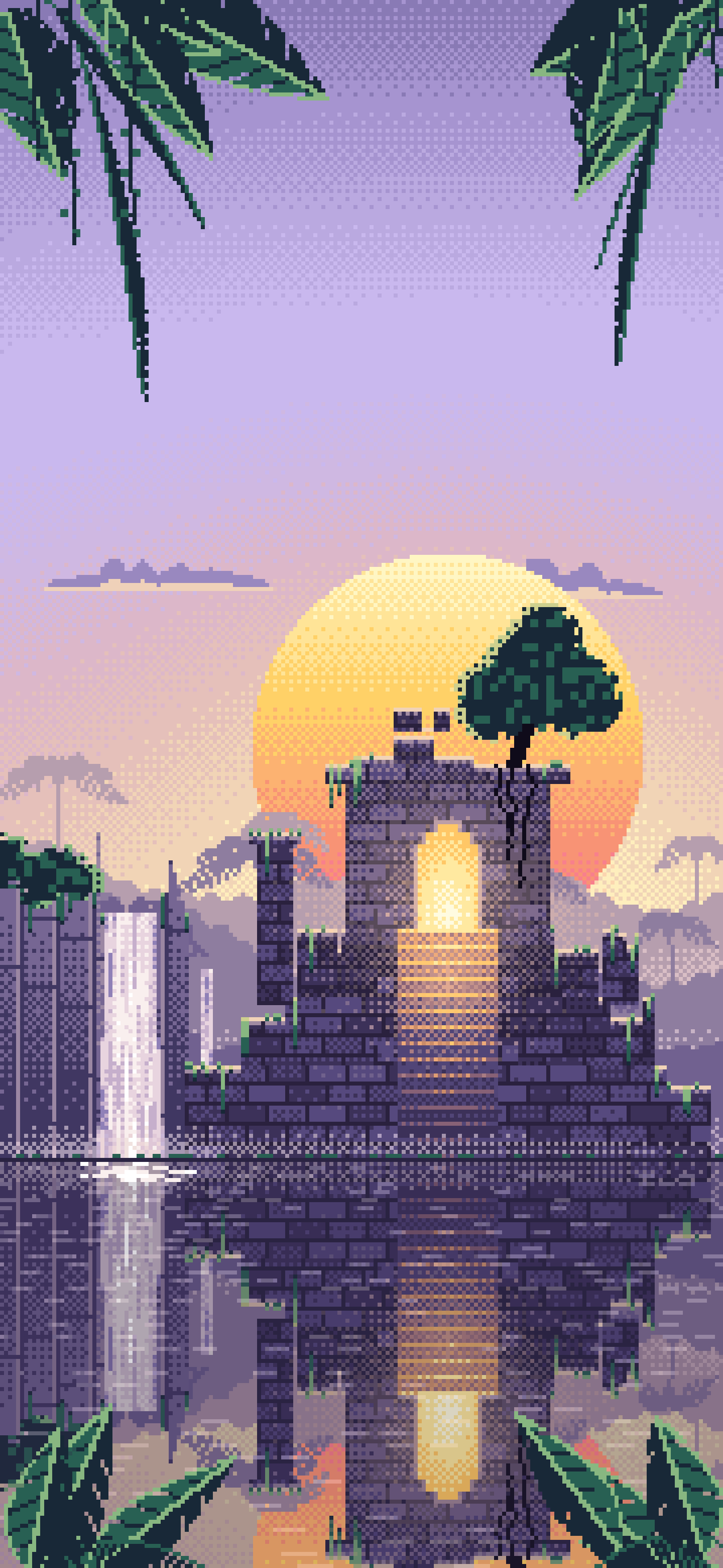 Lavender Pixel Art Jungle Temple Ruins wallpaper for iPhone and Android