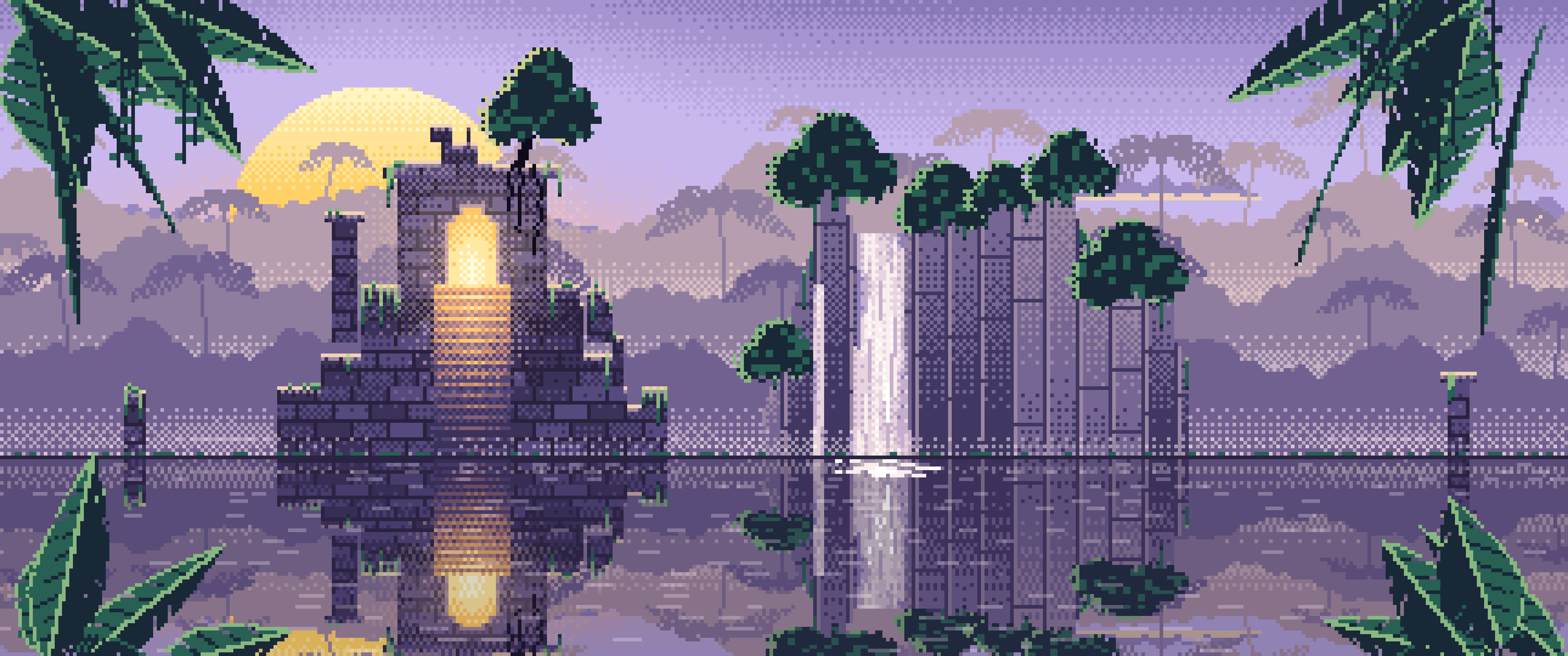 Lavender Pixel Art Jungle Temple Ruins ultrawide wallpaper, 3440 × 1440