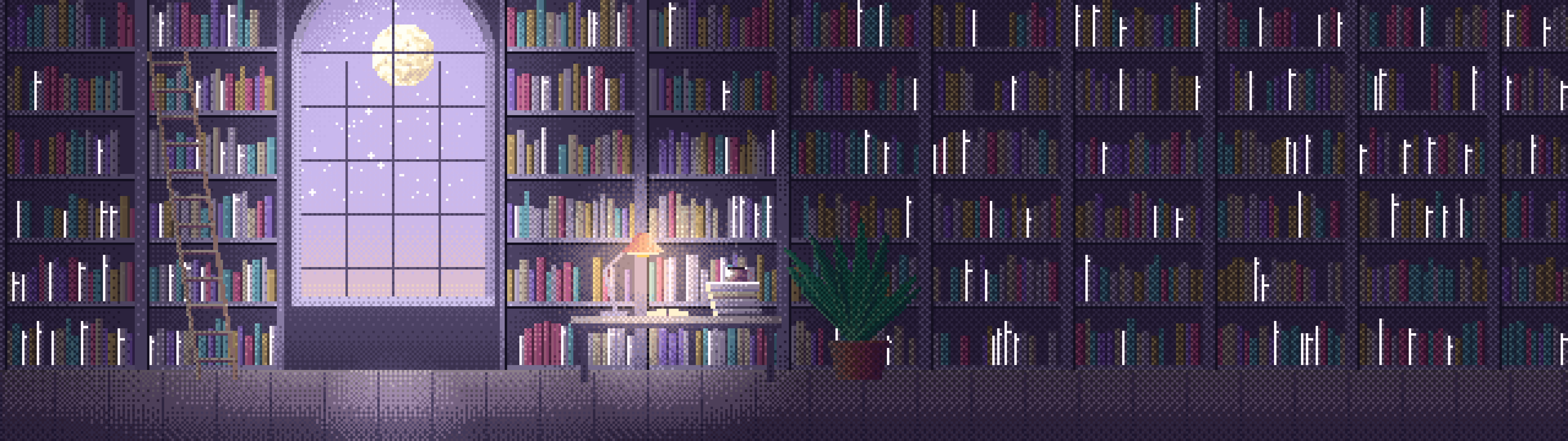 Lavender Pixel Art Library dual monitor wallpaper, 7680 × 2160
