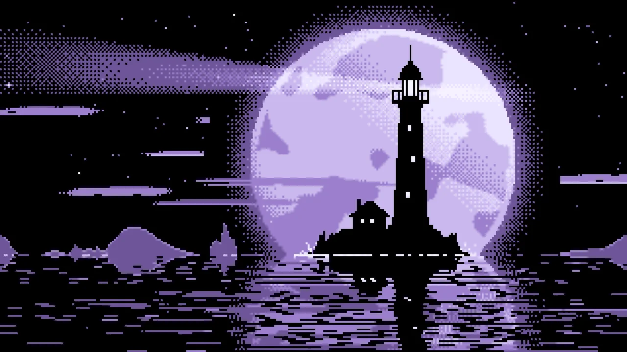 Lavender Pixel Art Lighthouse and Full Moon desktop wallpaper in 4K