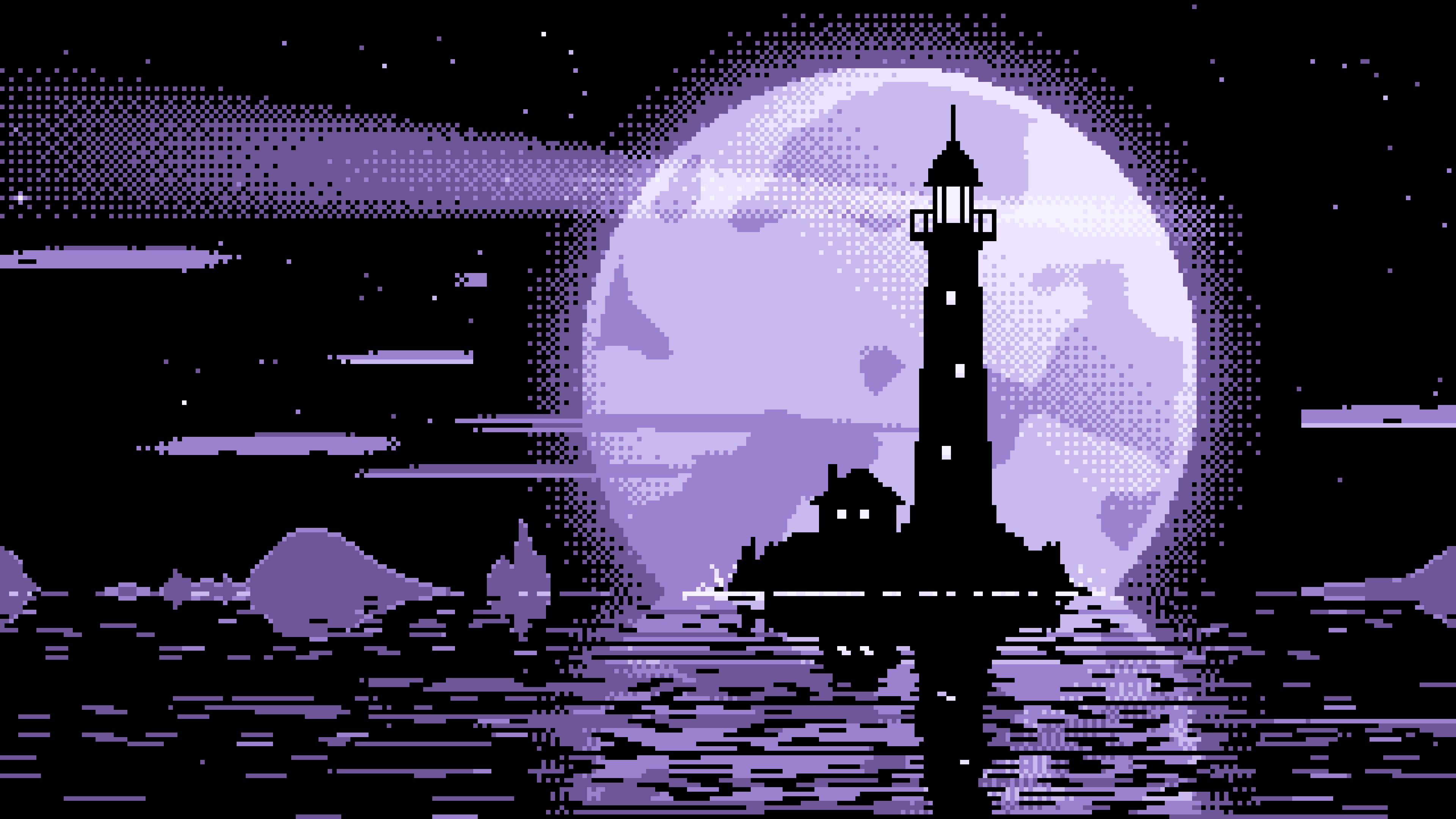 Lavender Pixel Art Lighthouse and Full Moon desktop wallpaper in 4K