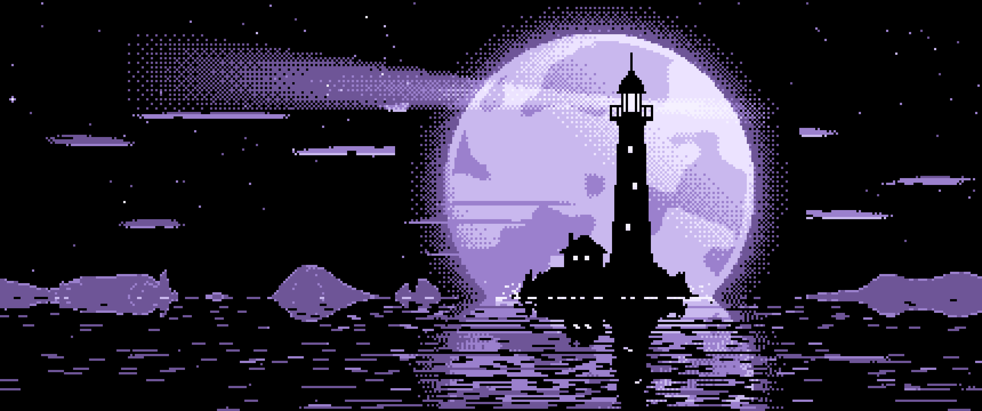 Lavender Pixel Art Lighthouse and Full Moon ultrawide wallpaper, 3440 × 1440